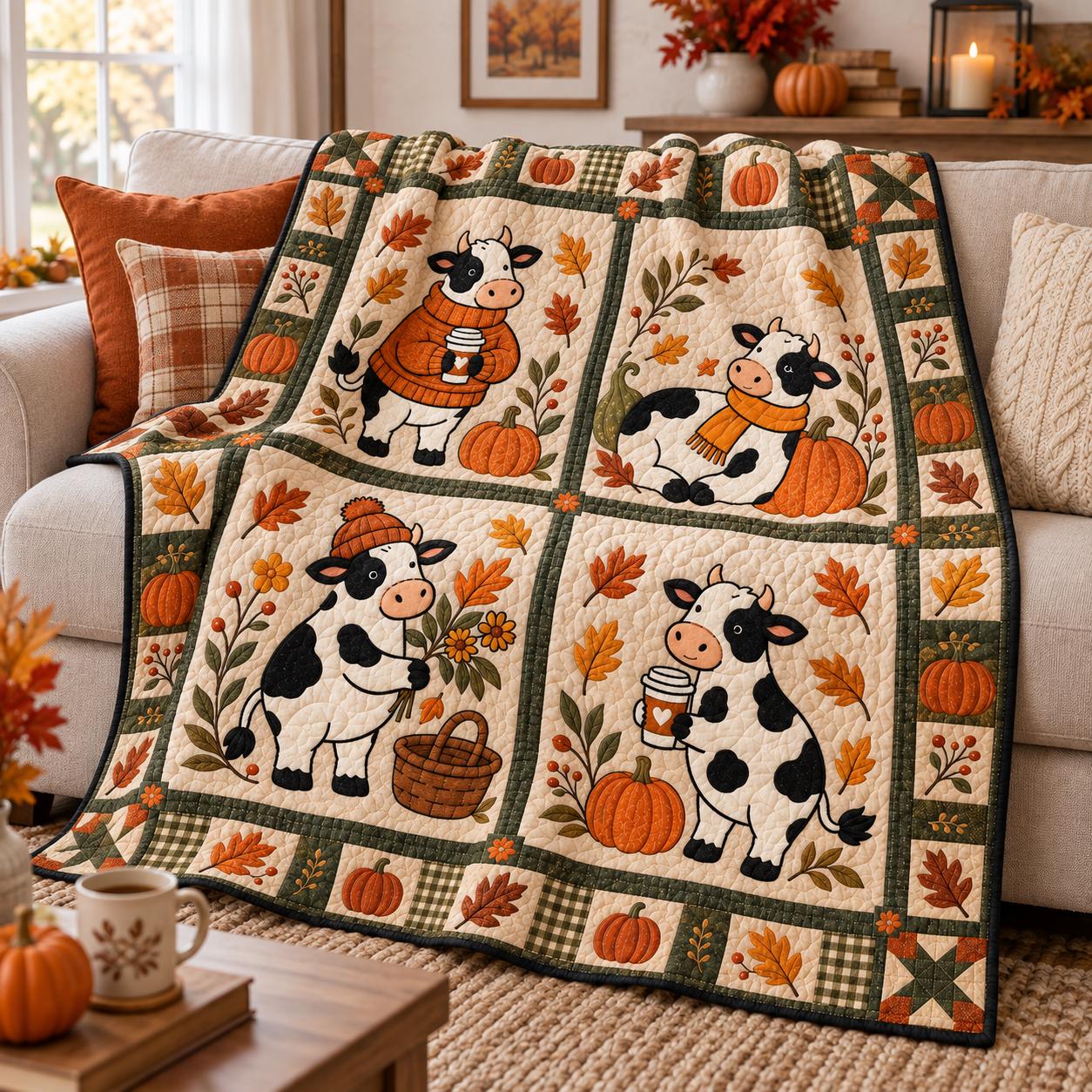 Blanket – Cow Autumn Throw with Pumpkin Farm Animal Quilt Style Fall and Cute Thanksgiving Decor Farmhouse Lover Gift