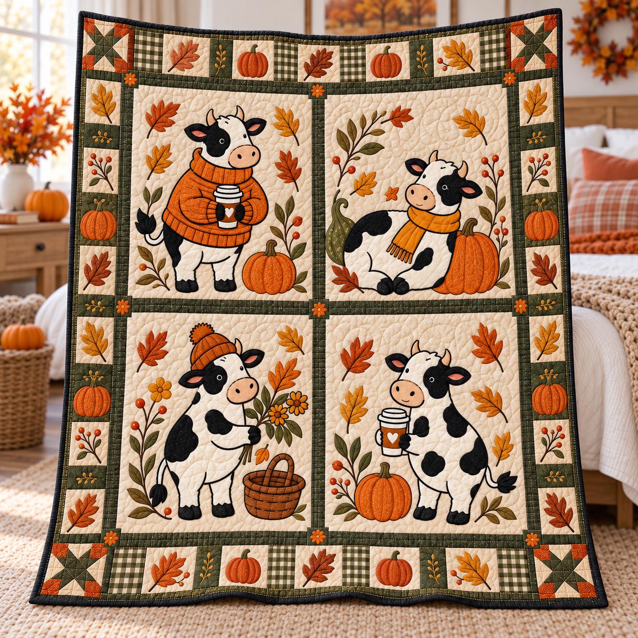 Blanket – Cow Autumn Throw with Pumpkin Farm Animal Quilt Style Fall and Cute Thanksgiving Decor Farmhouse Lover Gift - photo 2