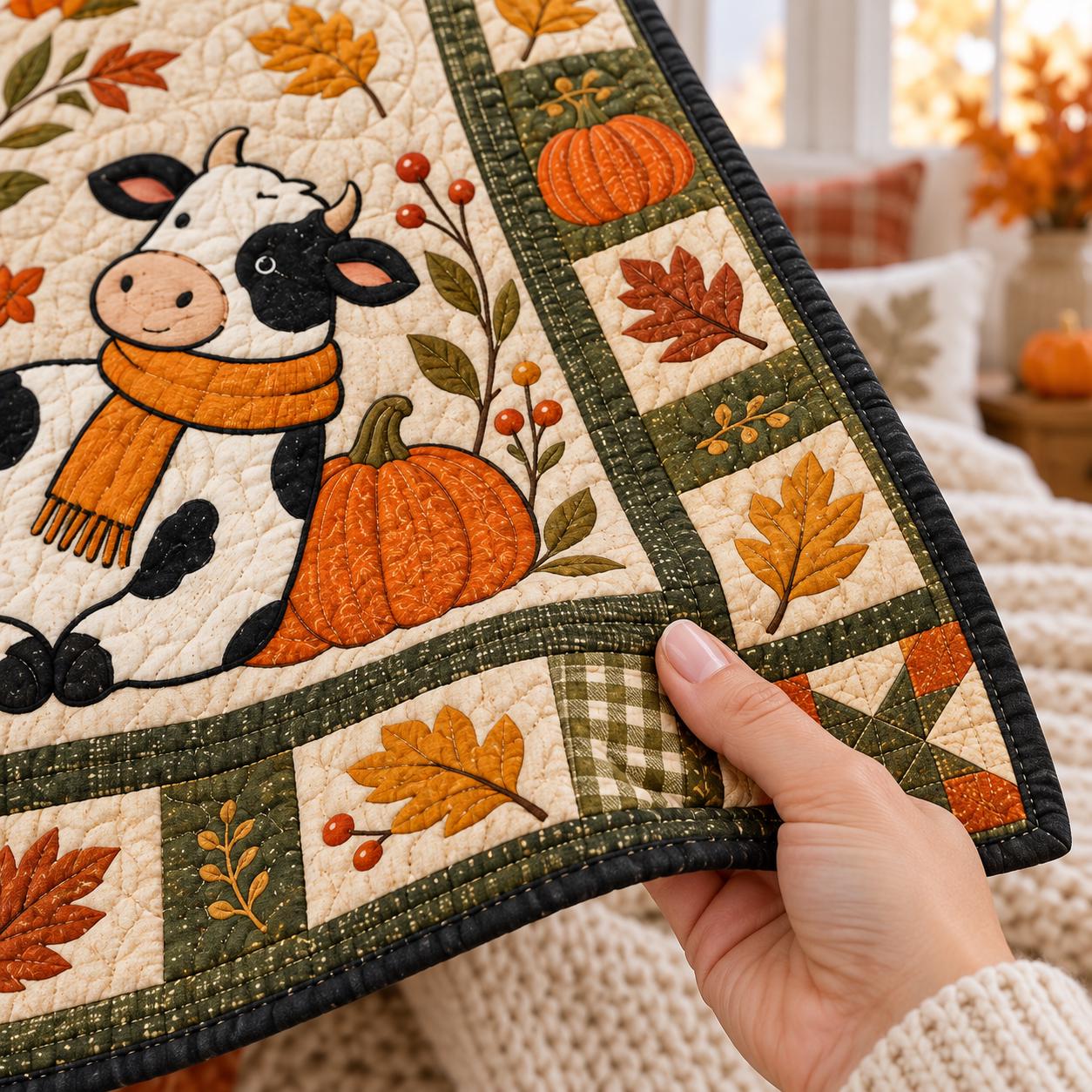 Blanket – Cow Autumn Throw with Pumpkin Farm Animal Quilt Style Fall and Cute Thanksgiving Decor Farmhouse Lover Gift - photo 3