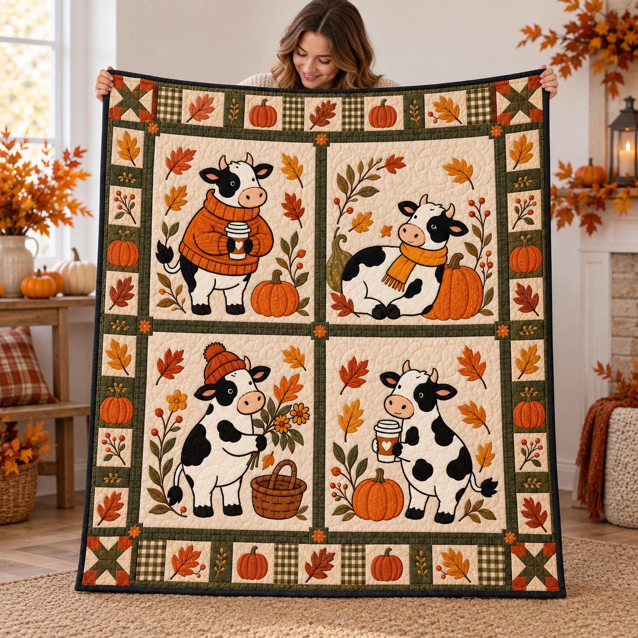 Blanket – Cow Autumn Throw with Pumpkin Farm Animal Quilt Style Fall and Cute Thanksgiving Decor Farmhouse Lover Gift - photo 8