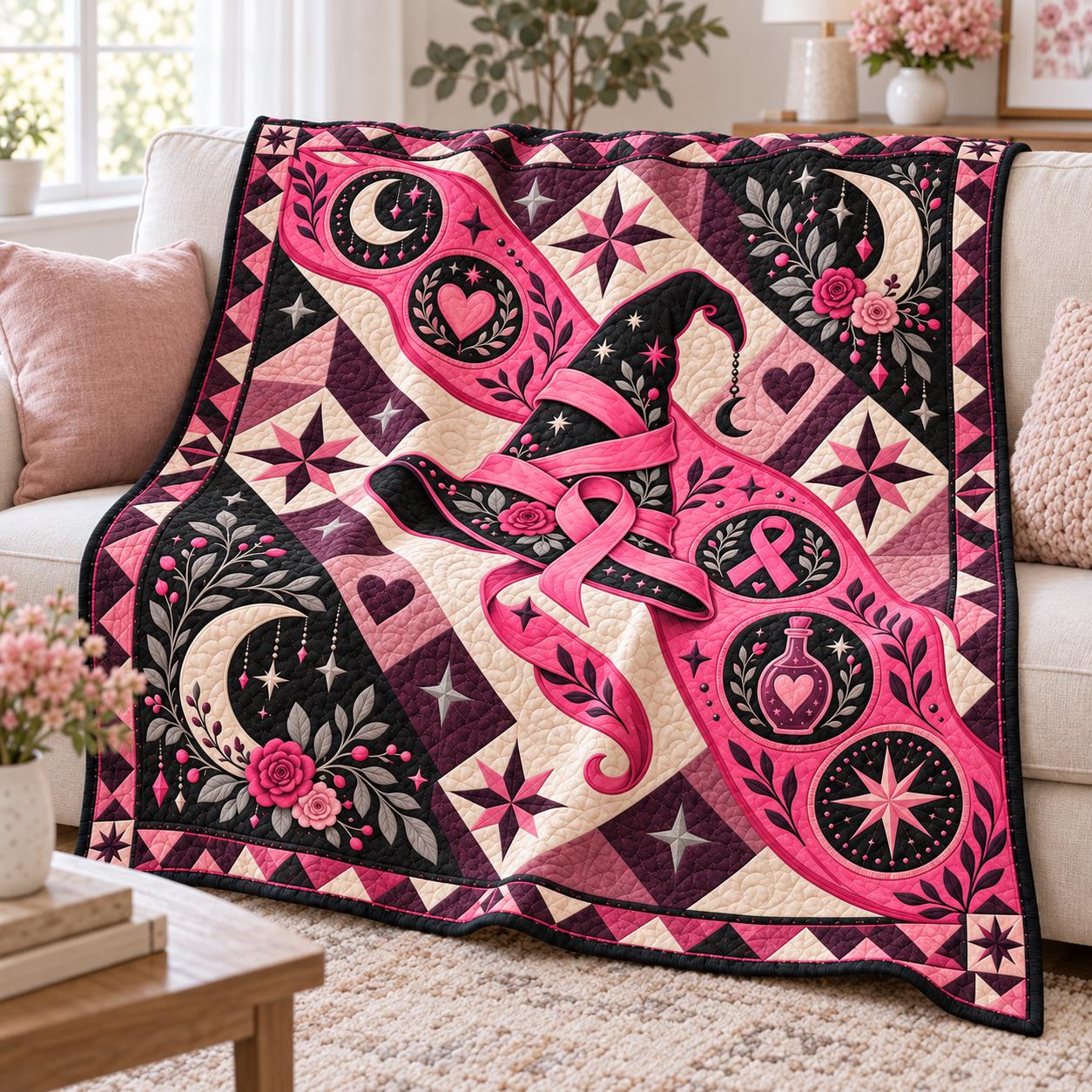 Blanket – Pink Ribbon Witch Hat Throw with Breast Cancer Awareness Quilt Style Witchy Pink Halloween Decor and Survivor Support Gift
