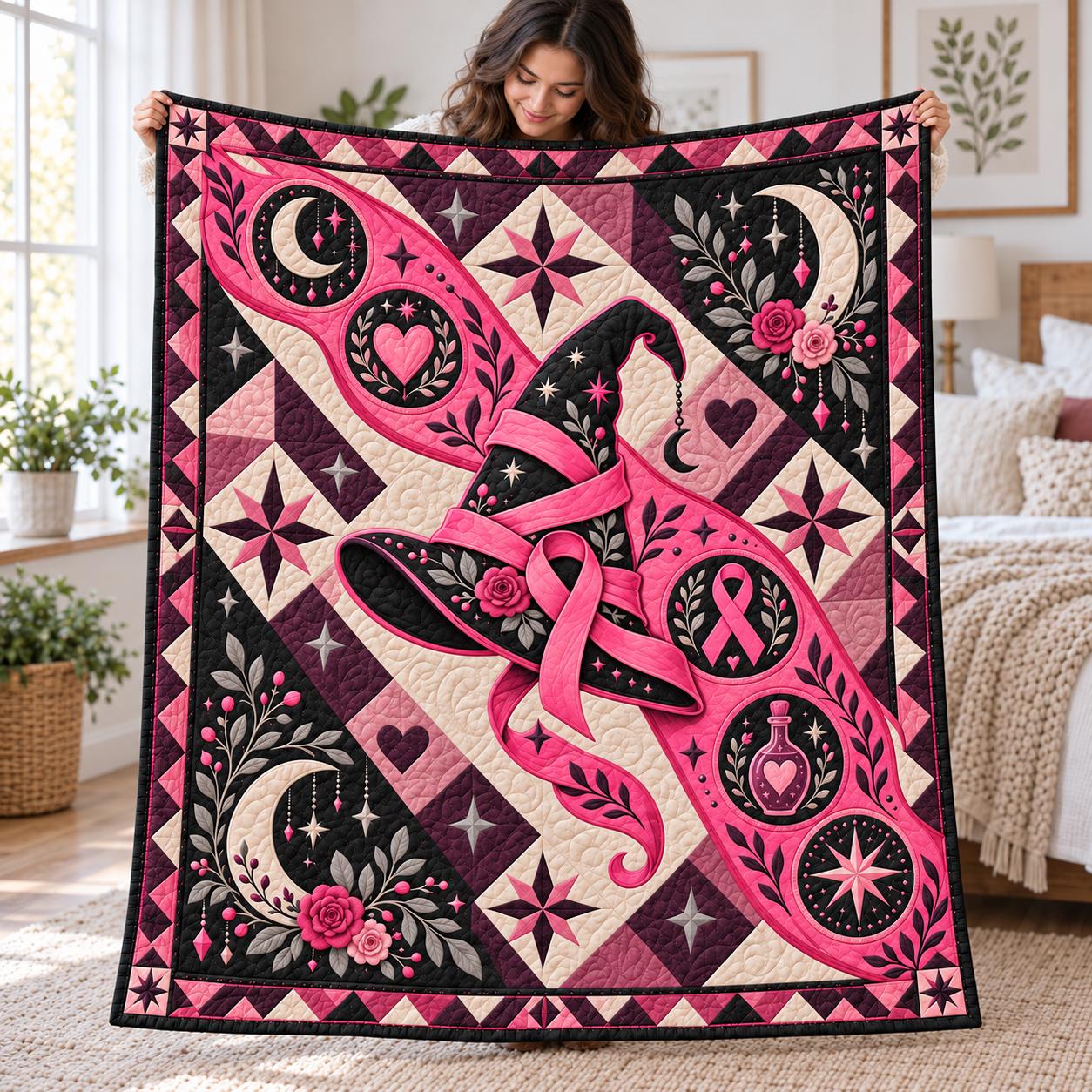 Blanket – Pink Ribbon Witch Hat Throw with Breast Cancer Awareness Quilt Style Witchy Pink Halloween Decor and Survivor Support Gift - photo 2