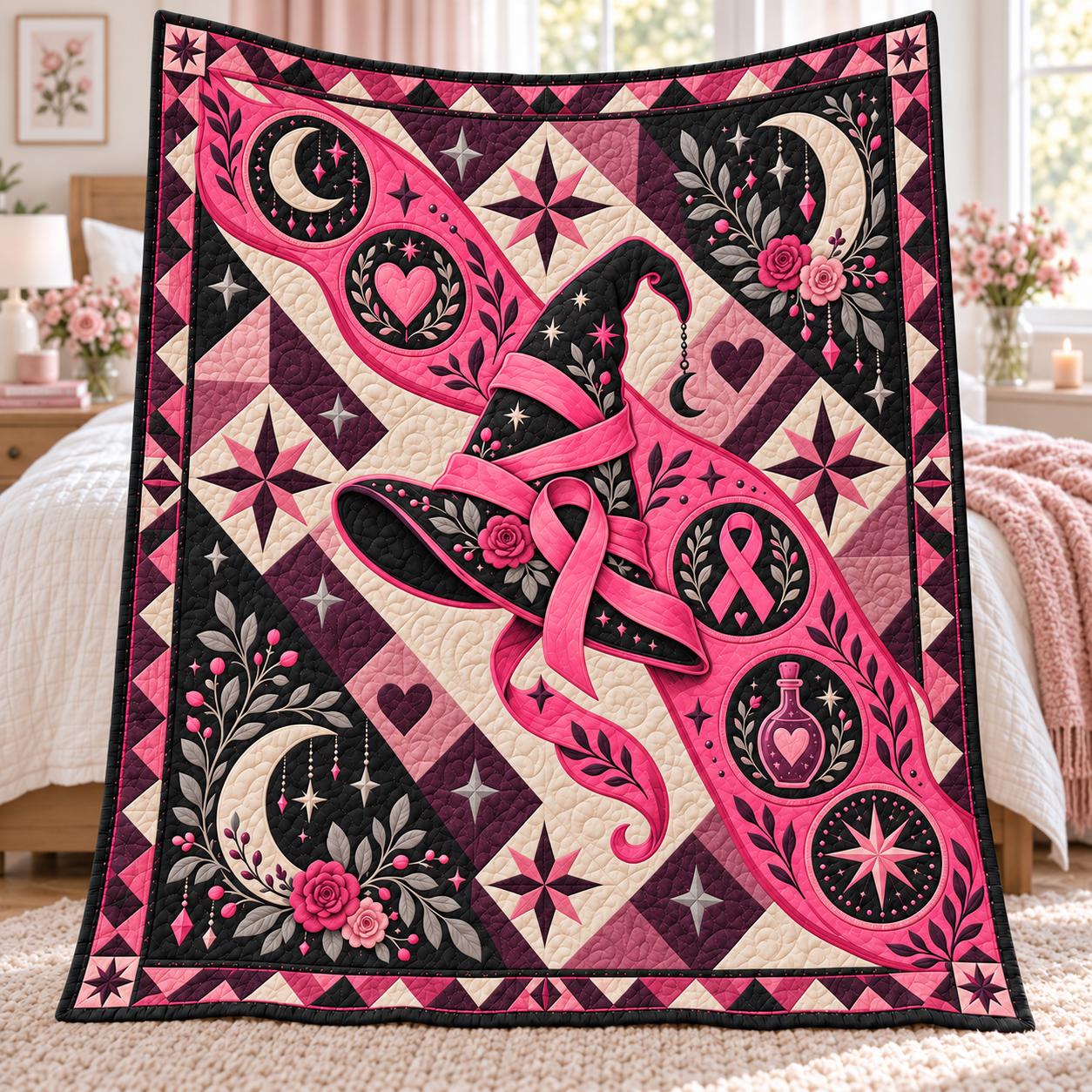 Blanket – Pink Ribbon Witch Hat Throw with Breast Cancer Awareness Quilt Style Witchy Pink Halloween Decor and Survivor Support Gift - photo 3