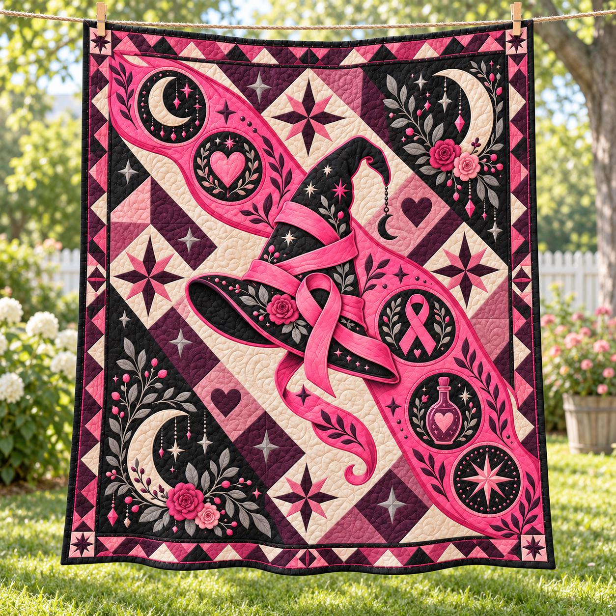Blanket – Pink Ribbon Witch Hat Throw with Breast Cancer Awareness Quilt Style Witchy Pink Halloween Decor and Survivor Support Gift - photo 6