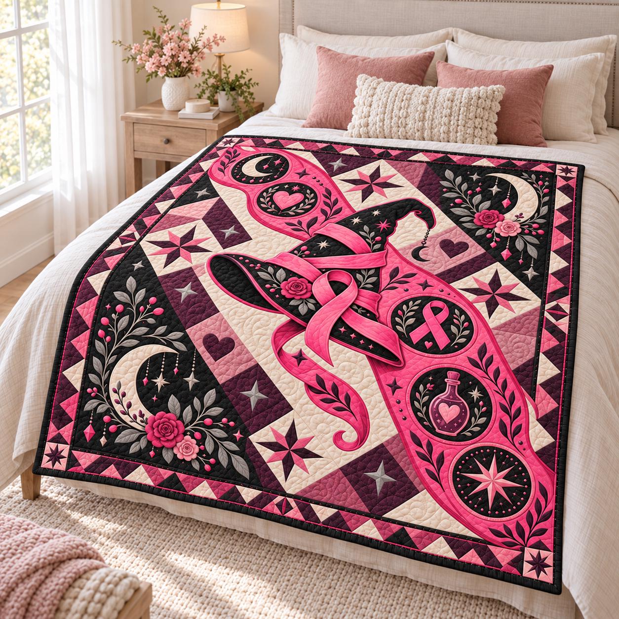 Blanket – Pink Ribbon Witch Hat Throw with Breast Cancer Awareness Quilt Style Witchy Pink Halloween Decor and Survivor Support Gift - photo 7