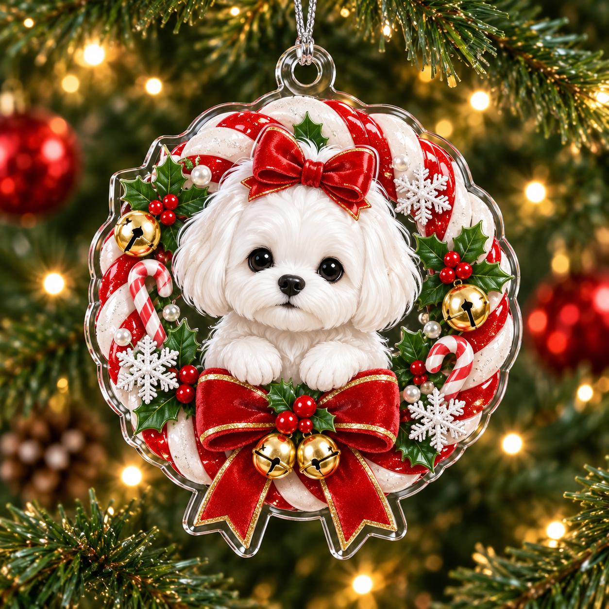 Cute White Maltese Dog Acrylic Christmas Ornament – Santa Sleigh And Gingerbread Holiday Tree Decor Gift For Dog Lover