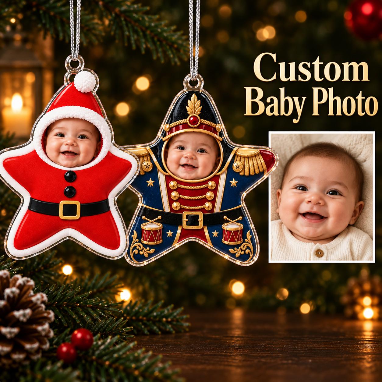 Personalized Baby Photo Acrylic Christmas Ornament With Custom Star Tree – Gingerbread Elf And Mouse Costume Keepsake Gift