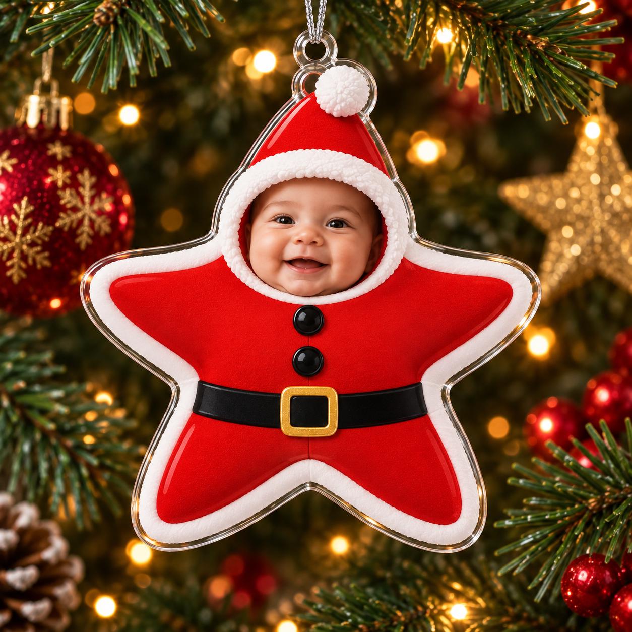 Personalized Baby Photo Acrylic Christmas Ornament With Custom Star Tree – Gingerbread Elf And Mouse Costume Keepsake Gift - photo 2