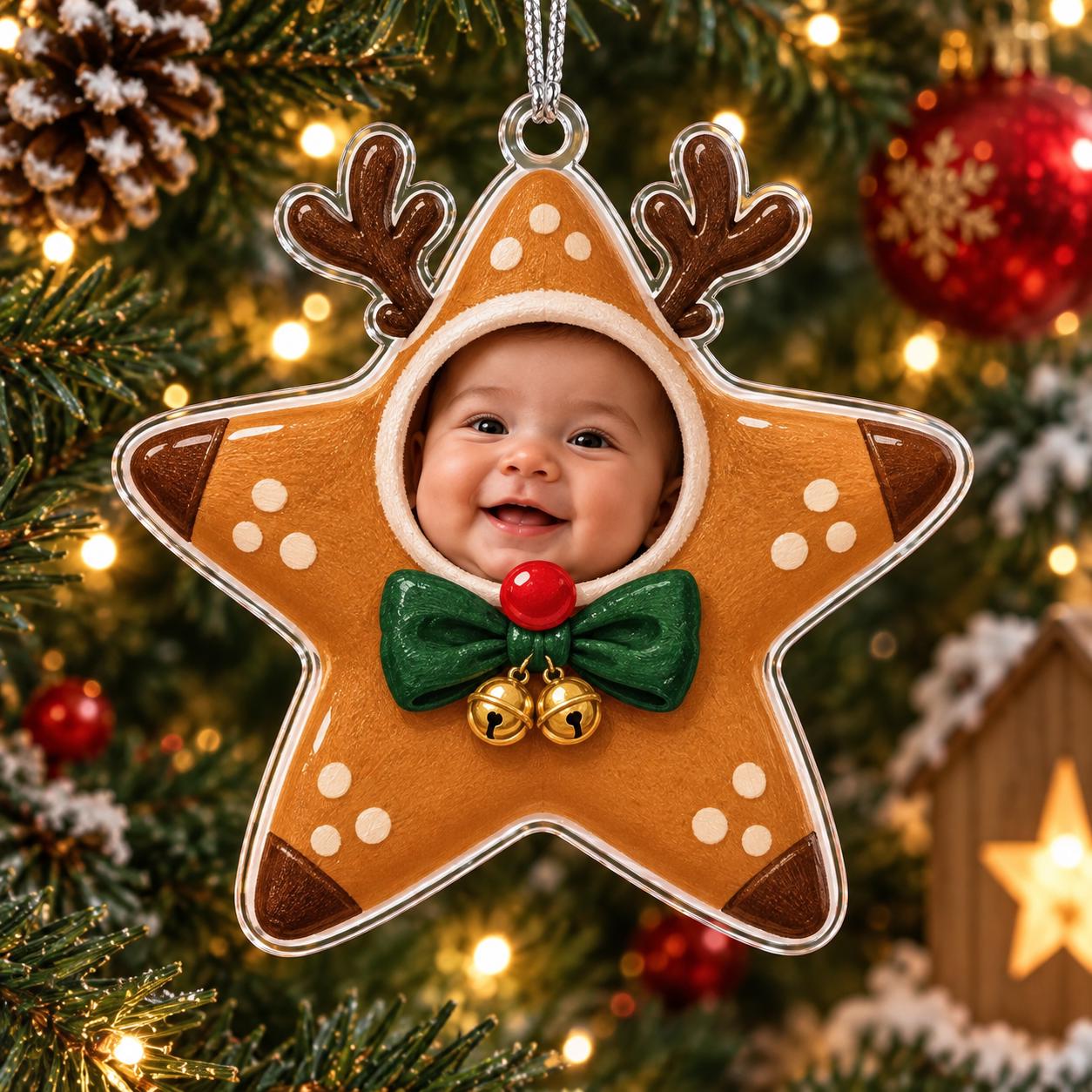 Personalized Baby Photo Acrylic Christmas Ornament With Custom Star Tree – Gingerbread Elf And Mouse Costume Keepsake Gift - photo 3