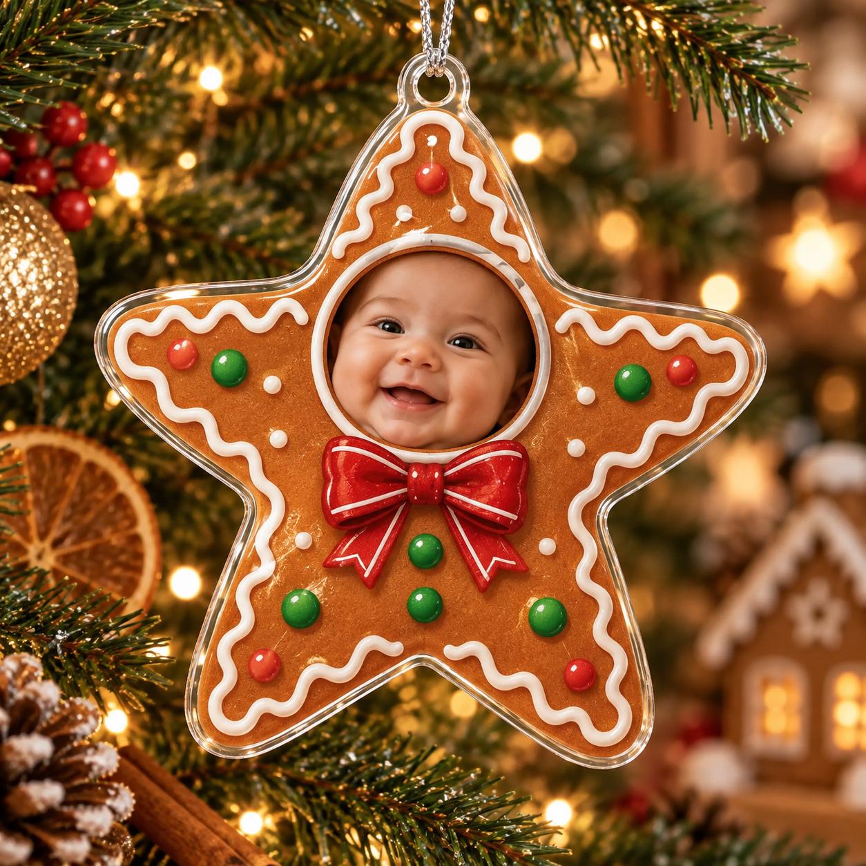 Personalized Baby Photo Acrylic Christmas Ornament With Custom Star Tree – Gingerbread Elf And Mouse Costume Keepsake Gift - photo 4