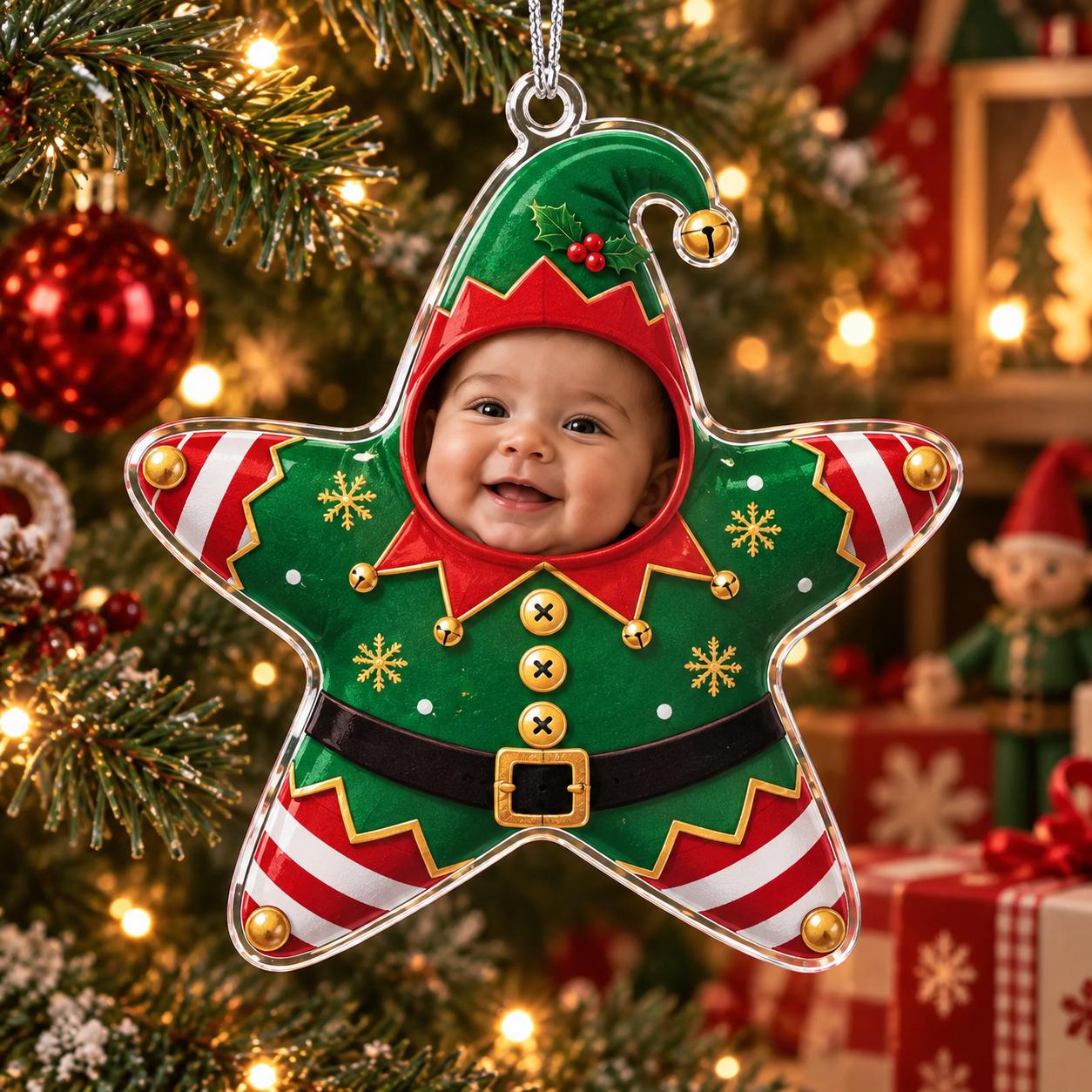 Personalized Baby Photo Acrylic Christmas Ornament With Custom Star Tree – Gingerbread Elf And Mouse Costume Keepsake Gift - photo 8