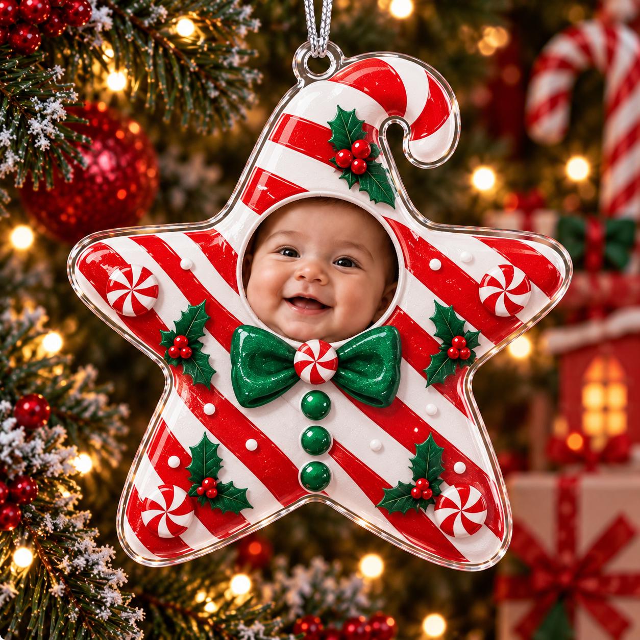 Personalized Baby Photo Acrylic Christmas Ornament With Custom Star Tree – Gingerbread Elf And Mouse Costume Keepsake Gift - photo 13
