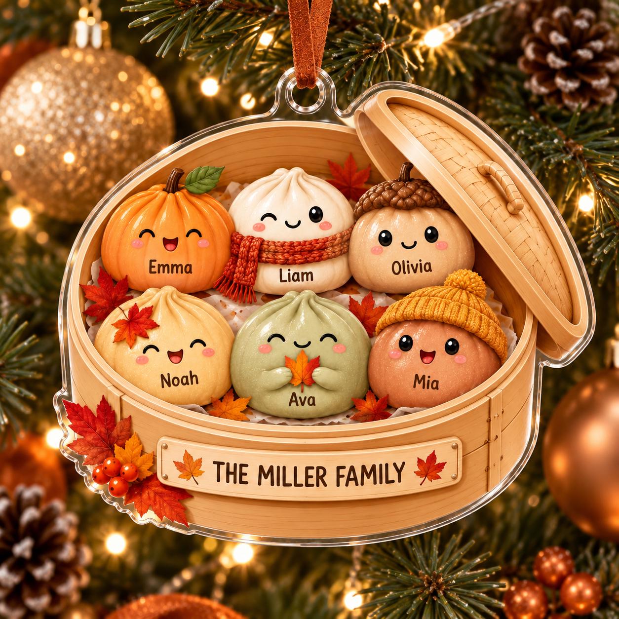 Personalized Custom Name Bamboo Steamer Dumpling Family Acrylic Ornament – Autumn Keepsake and Thanksgiving Gift