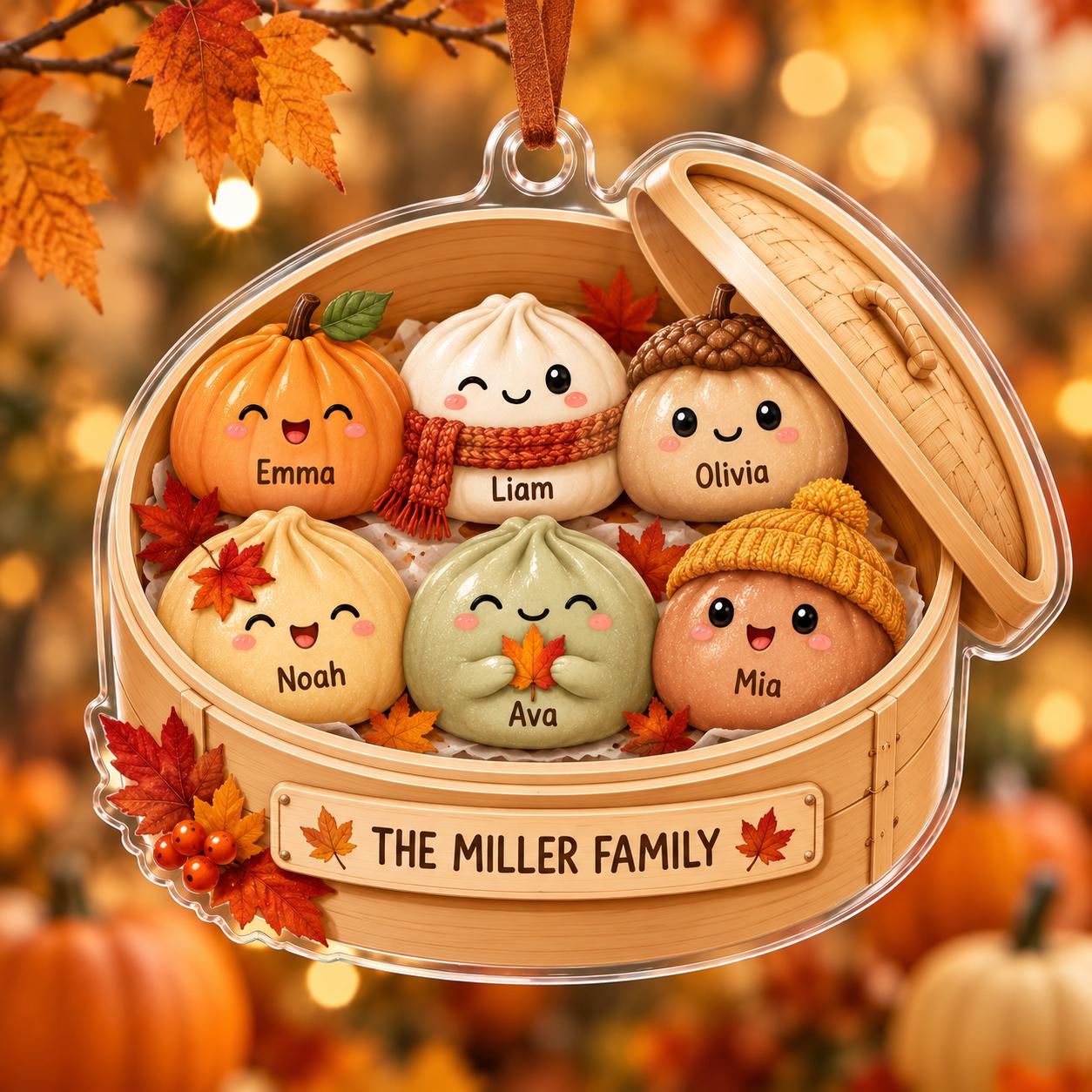 Personalized Custom Name Bamboo Steamer Dumpling Family Acrylic Ornament – Autumn Keepsake and Thanksgiving Gift - photo 2