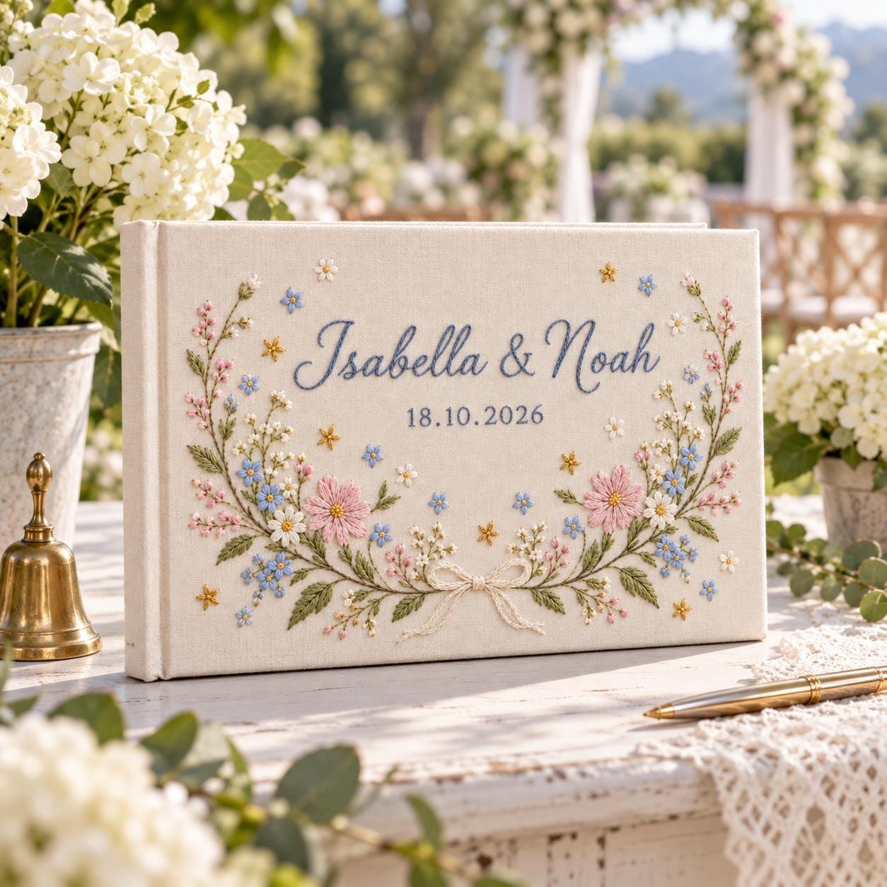 Personalized Wedding Guest Book and Embroidered Wildflower Linen Guestbook – Custom Couple Names Date for Floral Sign In Book