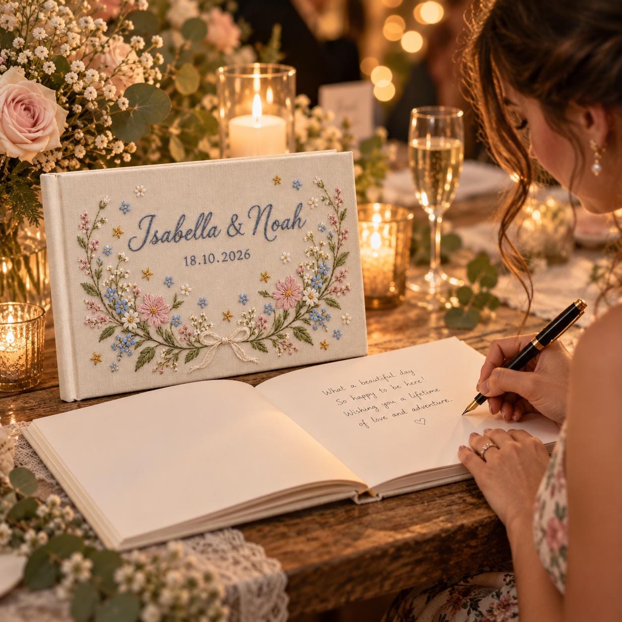 Personalized Wedding Guest Book and Embroidered Wildflower Linen Guestbook – Custom Couple Names Date for Floral Sign In Book - photo 2