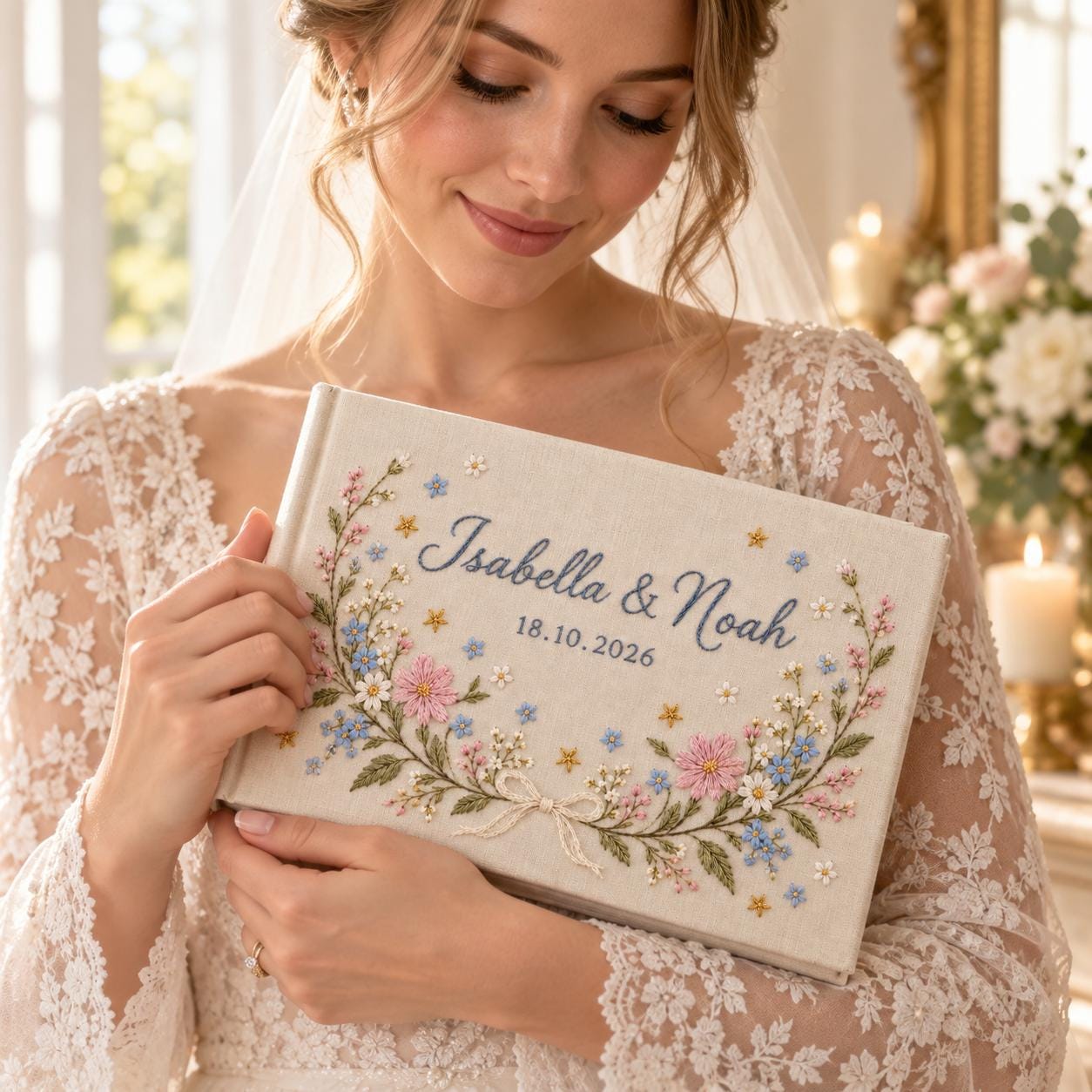 Personalized Wedding Guest Book and Embroidered Wildflower Linen Guestbook – Custom Couple Names Date for Floral Sign In Book - photo 8