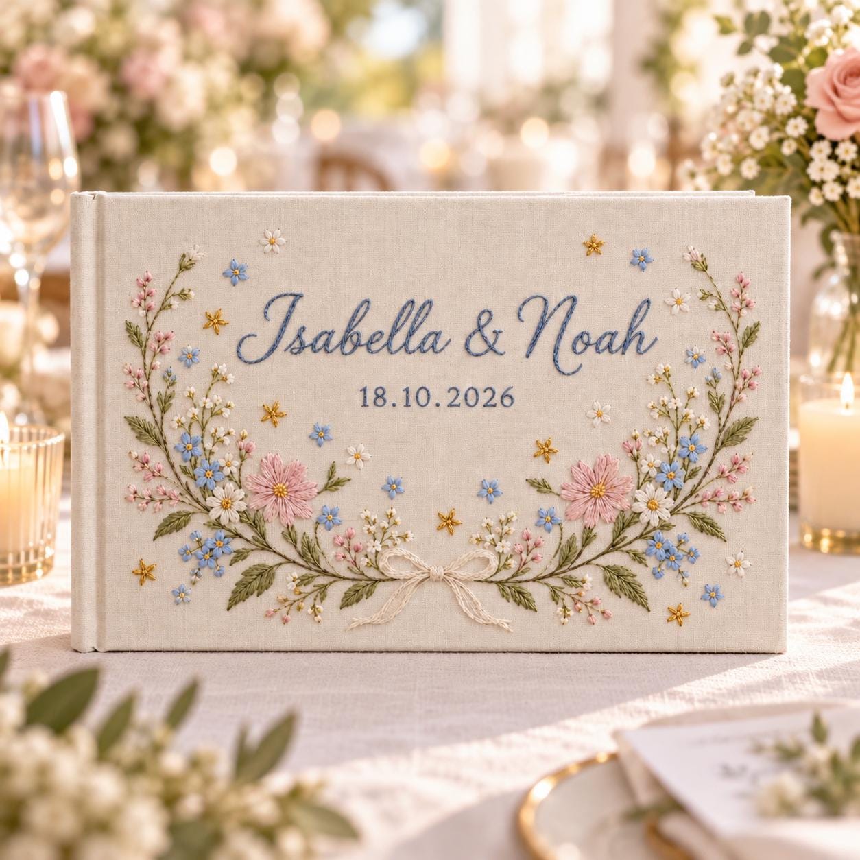 Personalized Wedding Guest Book and Embroidered Wildflower Linen Guestbook – Custom Couple Names Date for Floral Sign In Book - photo 9