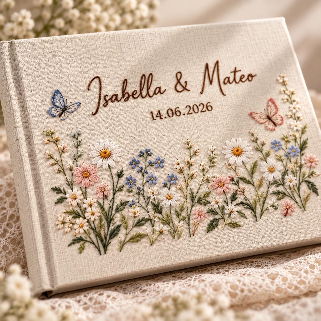 Personalized Wedding Guest Book and Embroidered Wildflower Butterfly Linen Guestbook – Custom Couple Names Date for Garden Keepsake