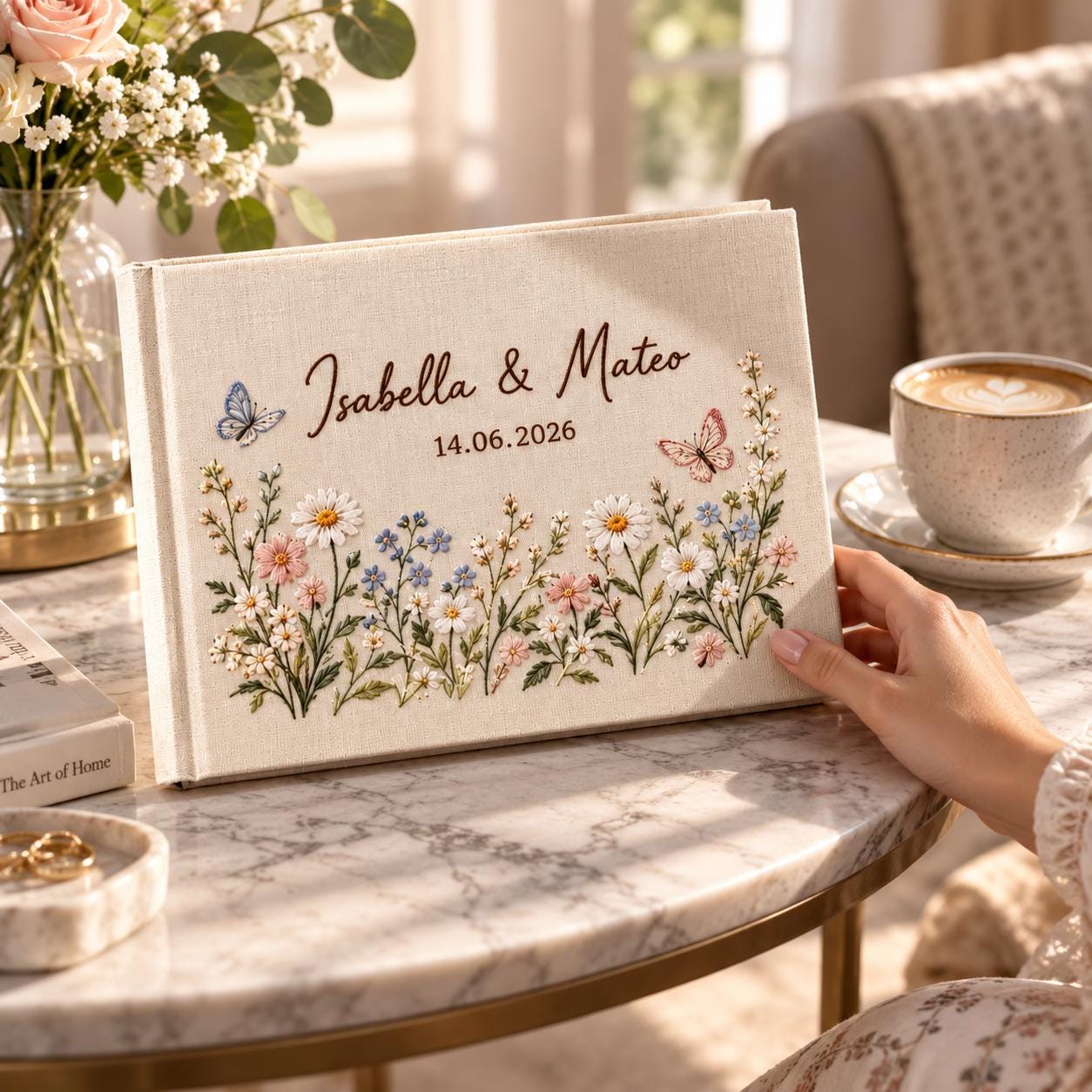 Personalized Wedding Guest Book and Embroidered Wildflower Butterfly Linen Guestbook – Custom Couple Names Date for Garden Keepsake - photo 2