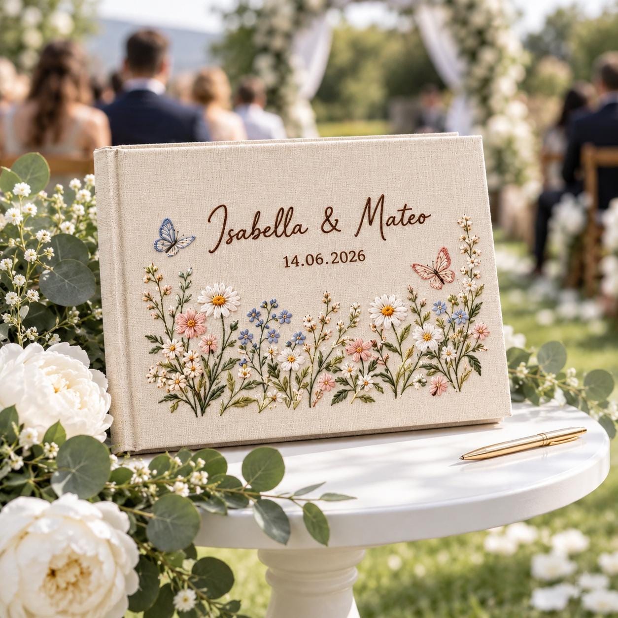 Personalized Wedding Guest Book and Embroidered Wildflower Butterfly Linen Guestbook – Custom Couple Names Date for Garden Keepsake - photo 3