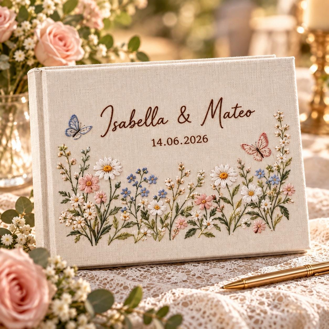 Personalized Wedding Guest Book and Embroidered Wildflower Butterfly Linen Guestbook – Custom Couple Names Date for Garden Keepsake - photo 8