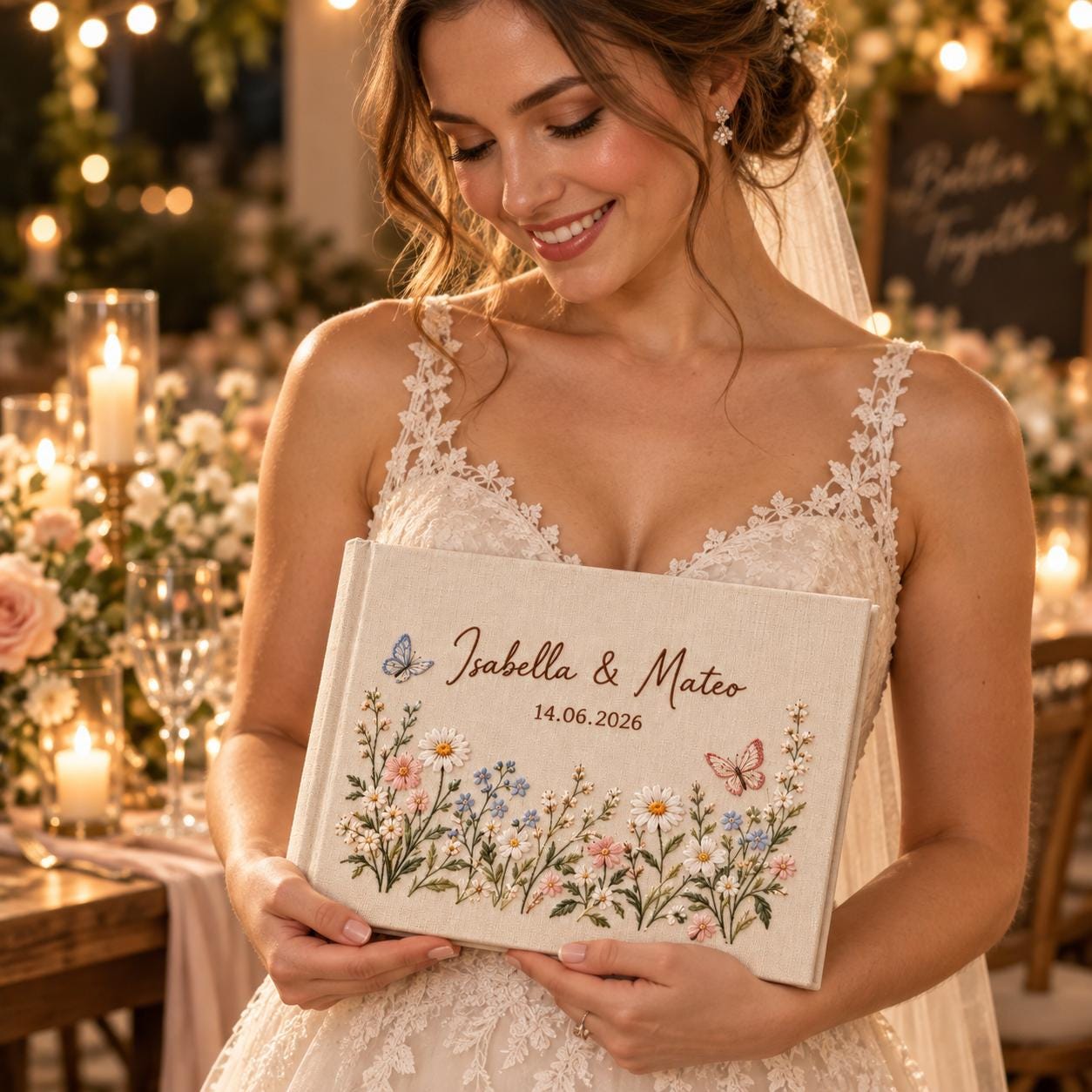 Personalized Wedding Guest Book and Embroidered Wildflower Butterfly Linen Guestbook – Custom Couple Names Date for Garden Keepsake - photo 9
