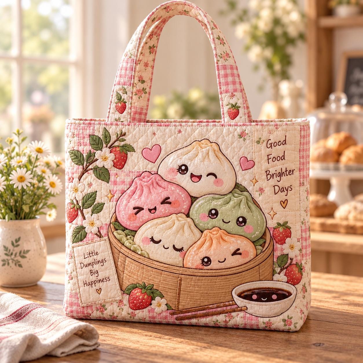 Kawaii Dumpling Tote Bag and Strawberry Picnic Cute Food Shoulder Bag – Quilted Style Market Tote for Her with Pink Floral Foodie Gift