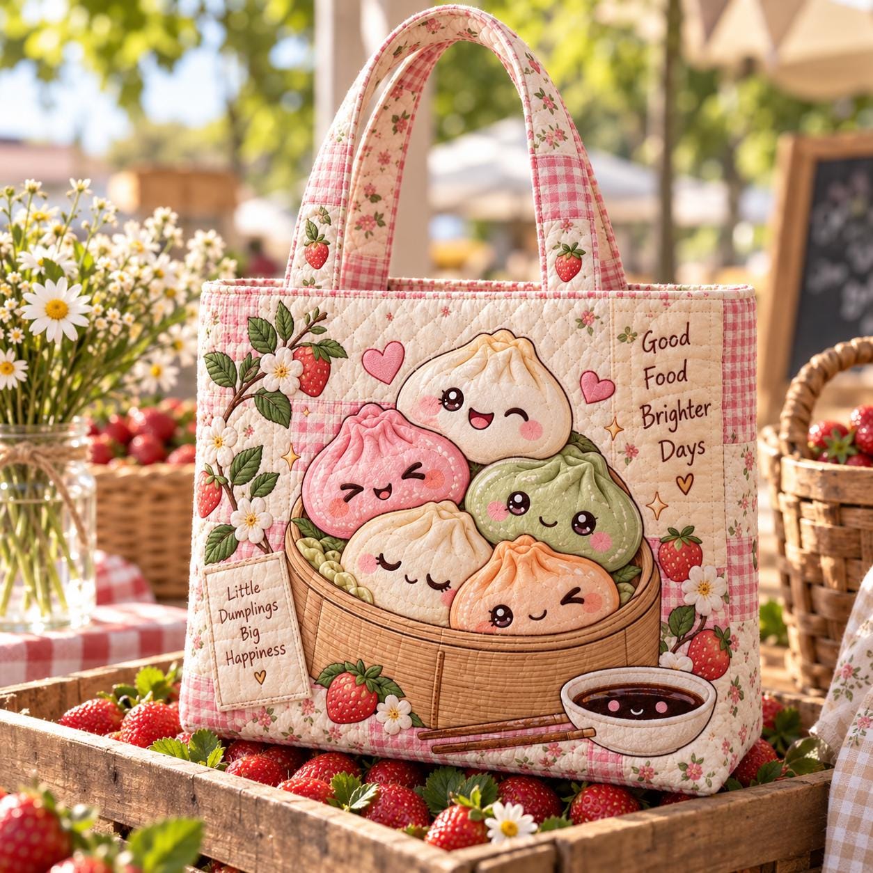 Kawaii Dumpling Tote Bag and Strawberry Picnic Cute Food Shoulder Bag – Quilted Style Market Tote for Her with Pink Floral Foodie Gift - photo 2