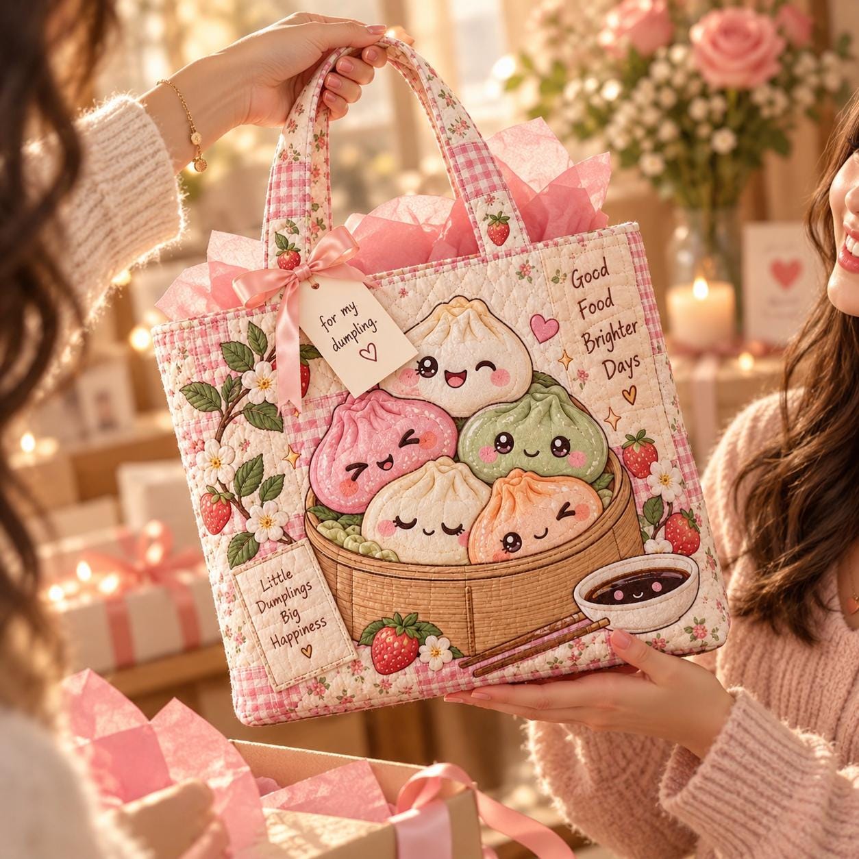 Kawaii Dumpling Tote Bag and Strawberry Picnic Cute Food Shoulder Bag – Quilted Style Market Tote for Her with Pink Floral Foodie Gift - photo 3