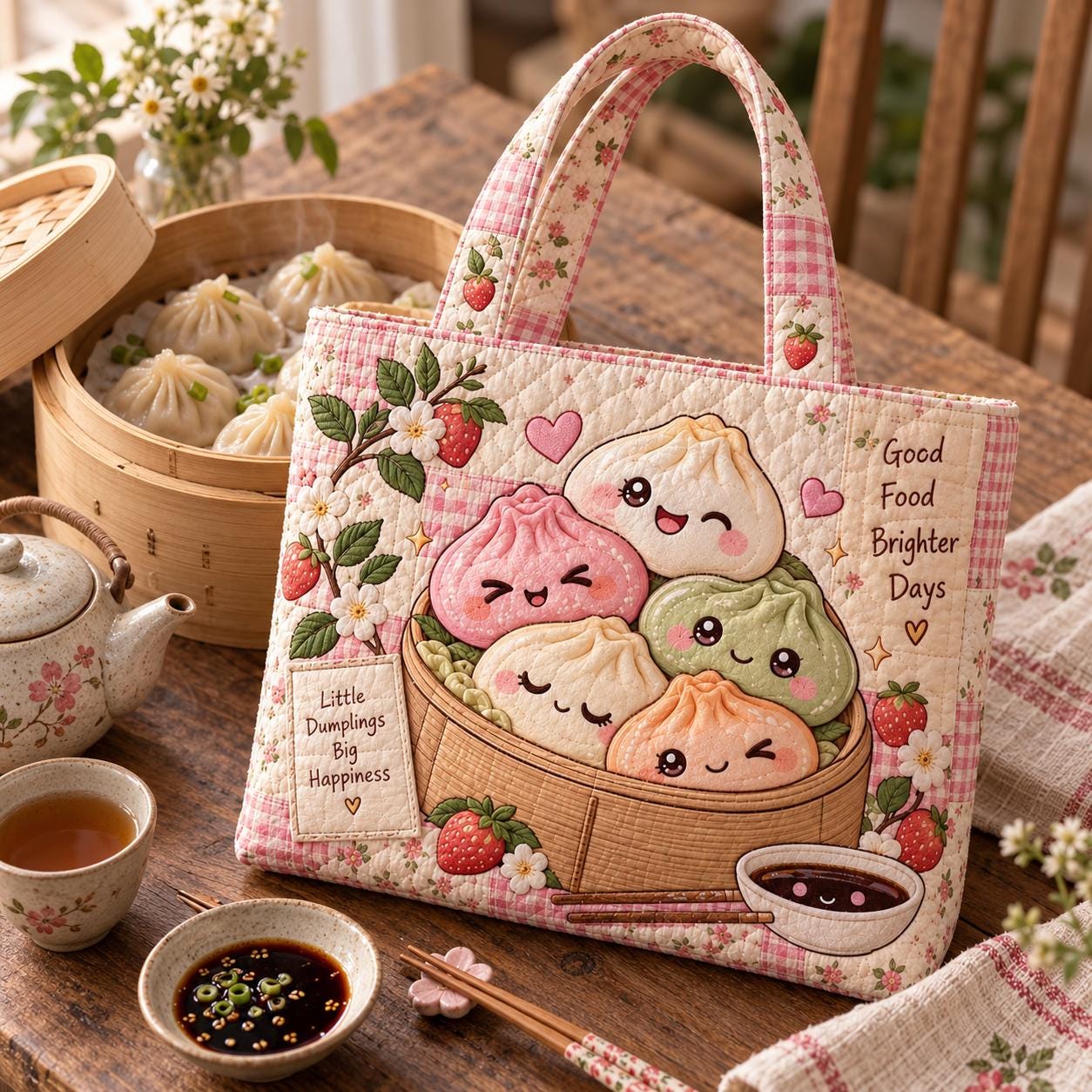 Kawaii Dumpling Tote Bag and Strawberry Picnic Cute Food Shoulder Bag – Quilted Style Market Tote for Her with Pink Floral Foodie Gift - photo 6