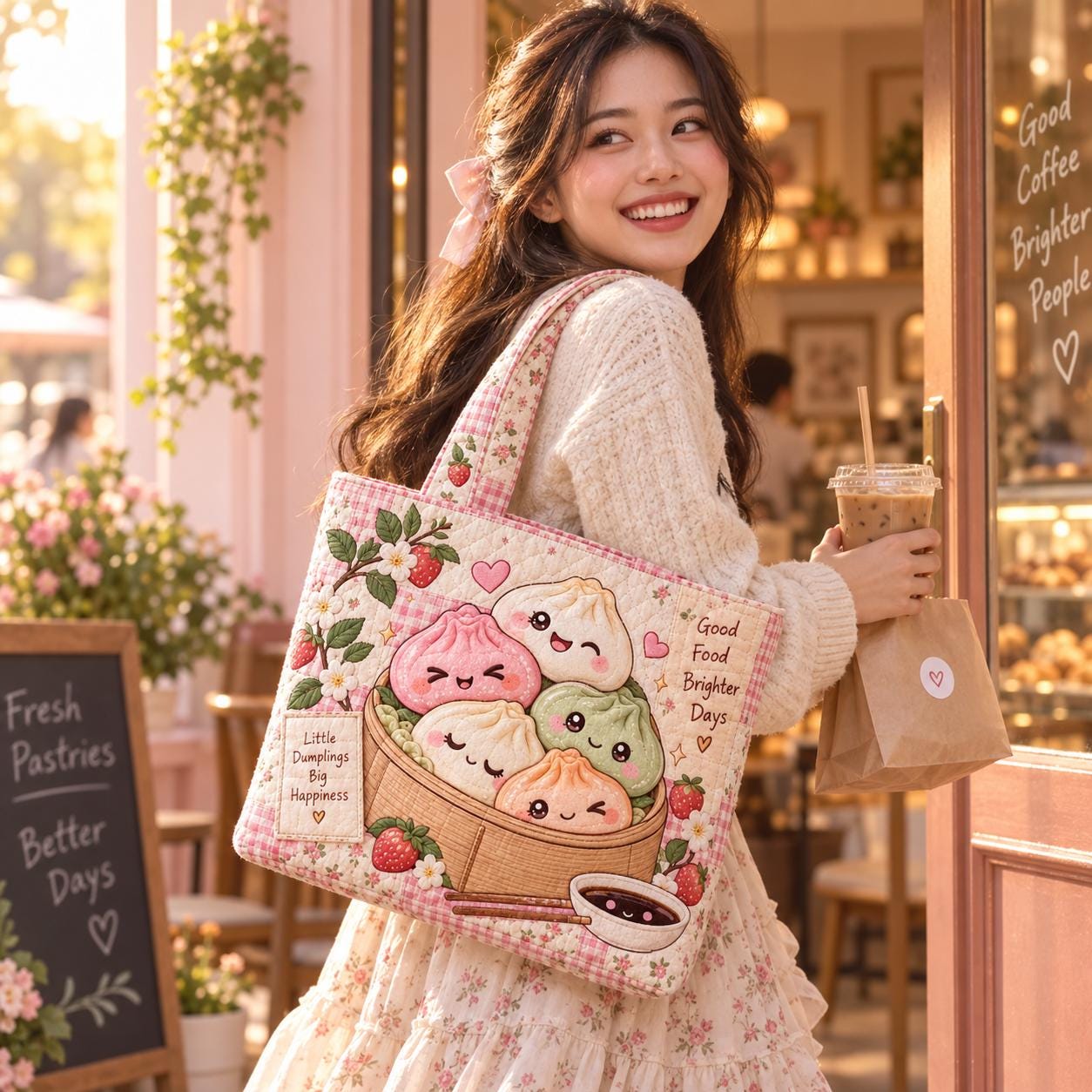 Kawaii Dumpling Tote Bag and Strawberry Picnic Cute Food Shoulder Bag – Quilted Style Market Tote for Her with Pink Floral Foodie Gift - photo 7