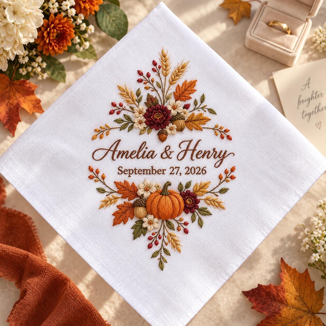Personalized Fall Wedding Handkerchief – Autumn Floral Embroidered Bridal Hanky with Custom Couple Names Date and Pumpkin Keepsake Gift