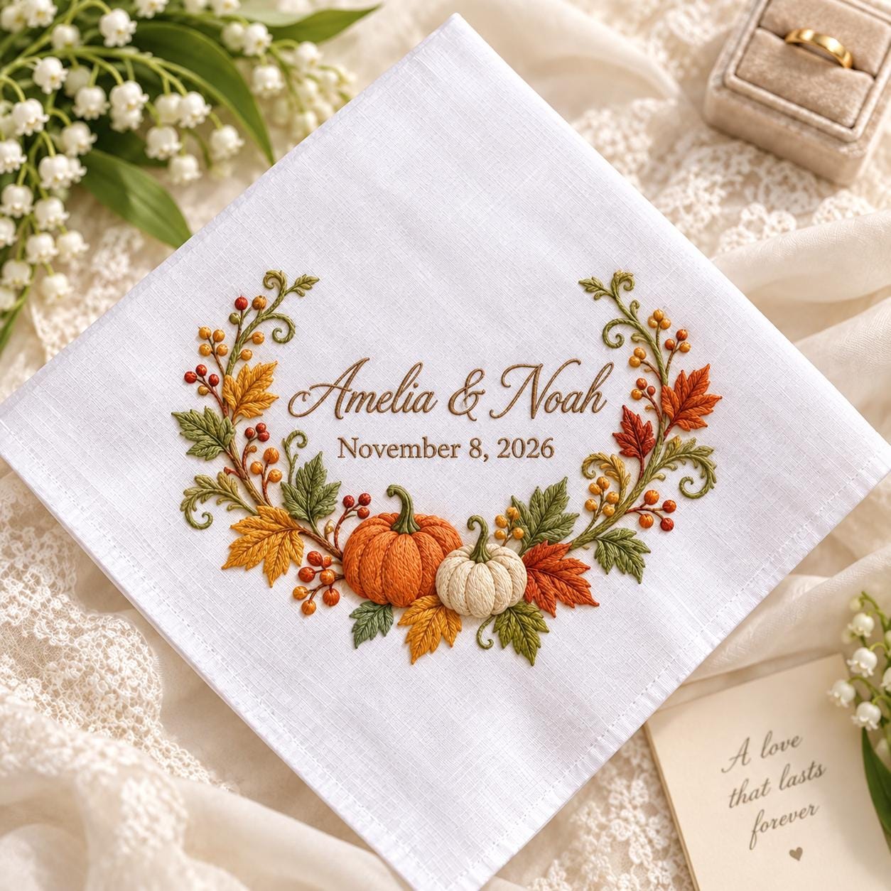 Personalized Fall Wedding Handkerchief – Autumn Floral Embroidered Bridal Hanky with Custom Couple Names Date and Pumpkin Keepsake Gift - photo 2