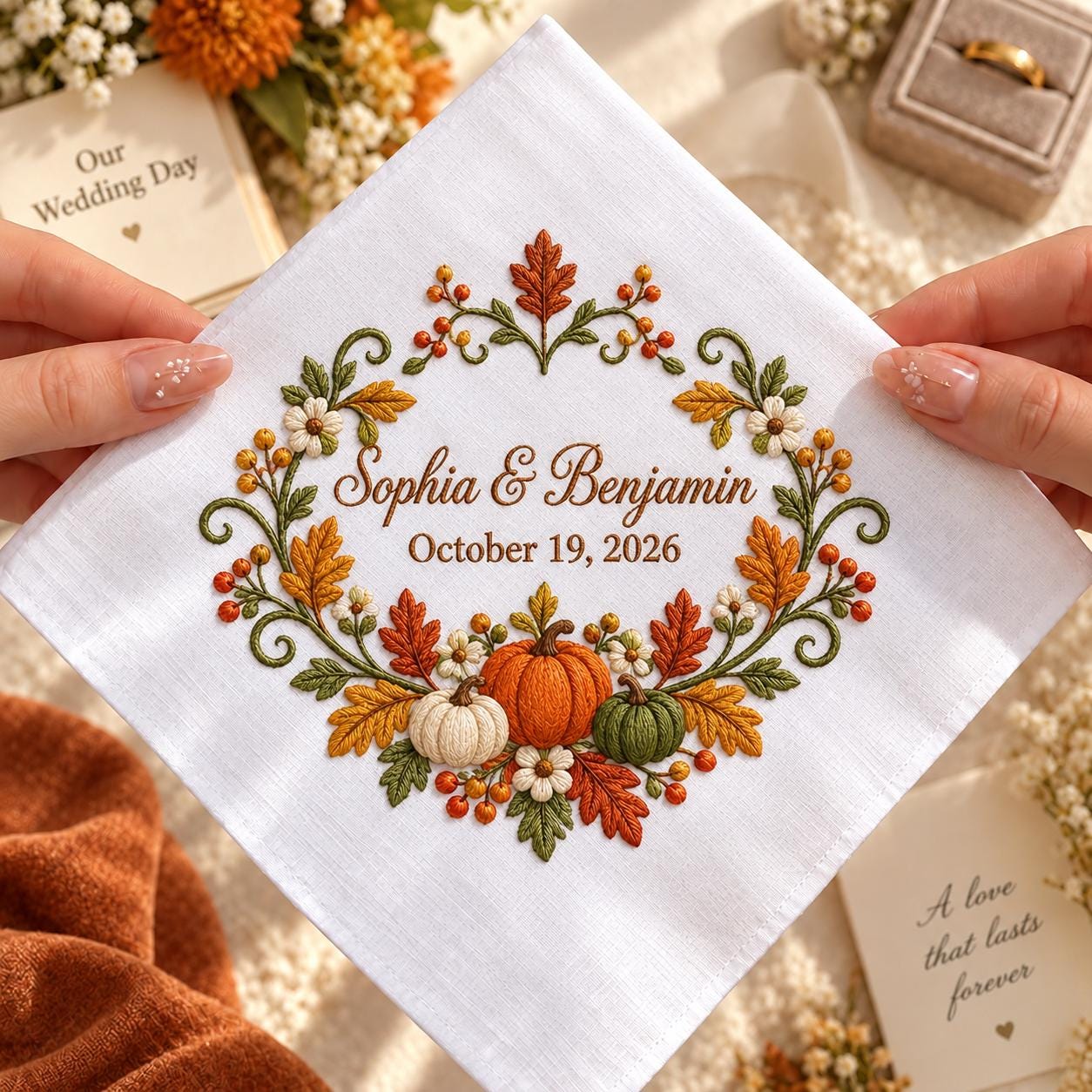 Personalized Fall Wedding Handkerchief – Autumn Floral Embroidered Bridal Hanky with Custom Couple Names Date and Pumpkin Keepsake Gift - photo 3