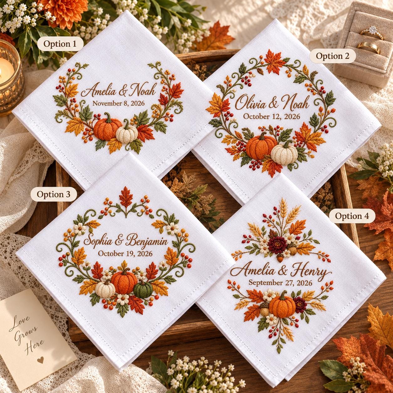 Personalized Fall Wedding Handkerchief – Autumn Floral Embroidered Bridal Hanky with Custom Couple Names Date and Pumpkin Keepsake Gift - photo 4