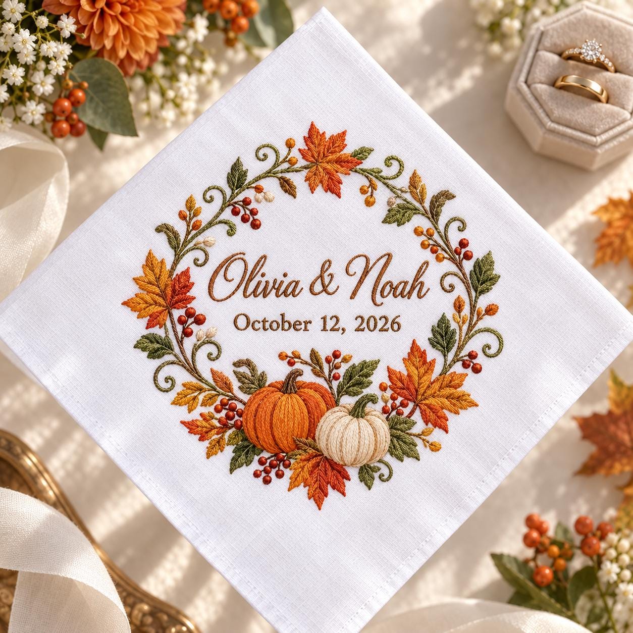 Personalized Fall Wedding Handkerchief – Autumn Floral Embroidered Bridal Hanky with Custom Couple Names Date and Pumpkin Keepsake Gift - photo 5