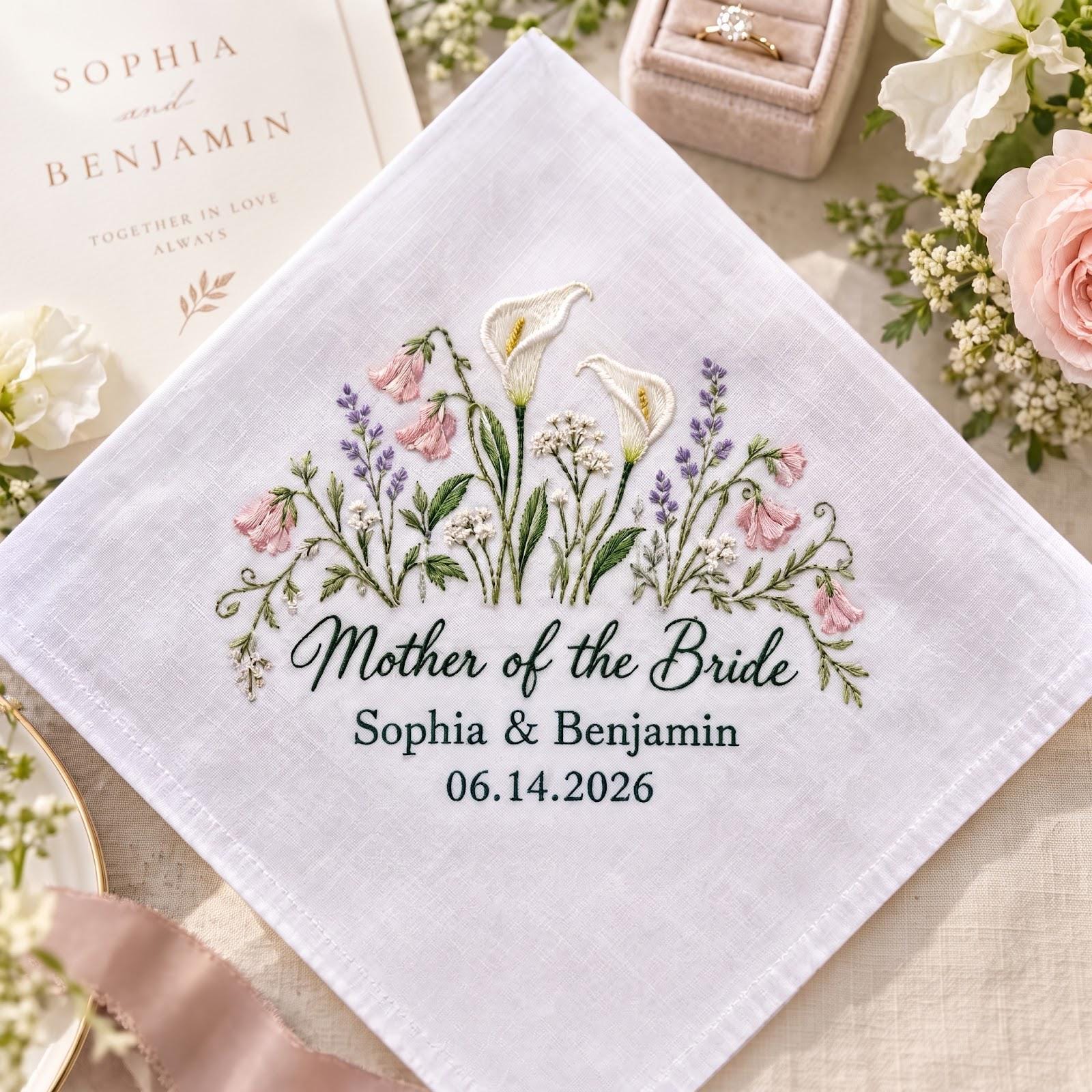 Personalized Mother of the Bride Handkerchief – Calla Lily Embroidered Wedding Hanky with Custom Couple Names Date Mom Keepsake