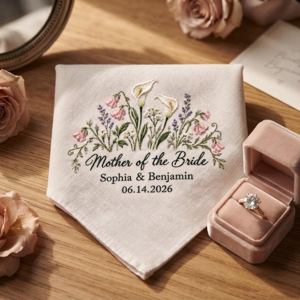 Personalized Mother of the Bride Handkerchief – Calla Lily Embroidered Wedding Hanky with Custom Couple Names Date Mom Keepsake - photo 2