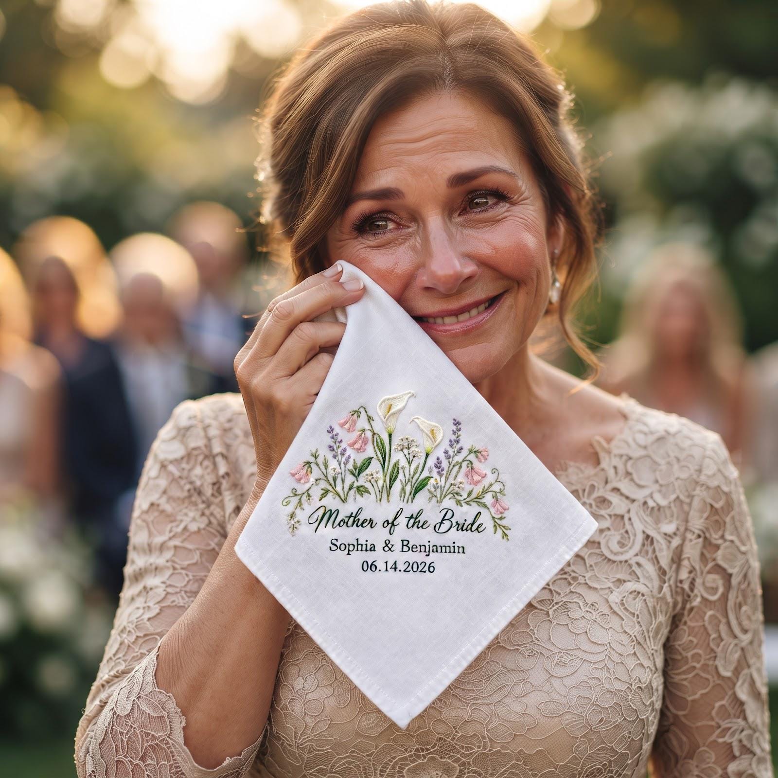 Personalized Mother of the Bride Handkerchief – Calla Lily Embroidered Wedding Hanky with Custom Couple Names Date Mom Keepsake - photo 3