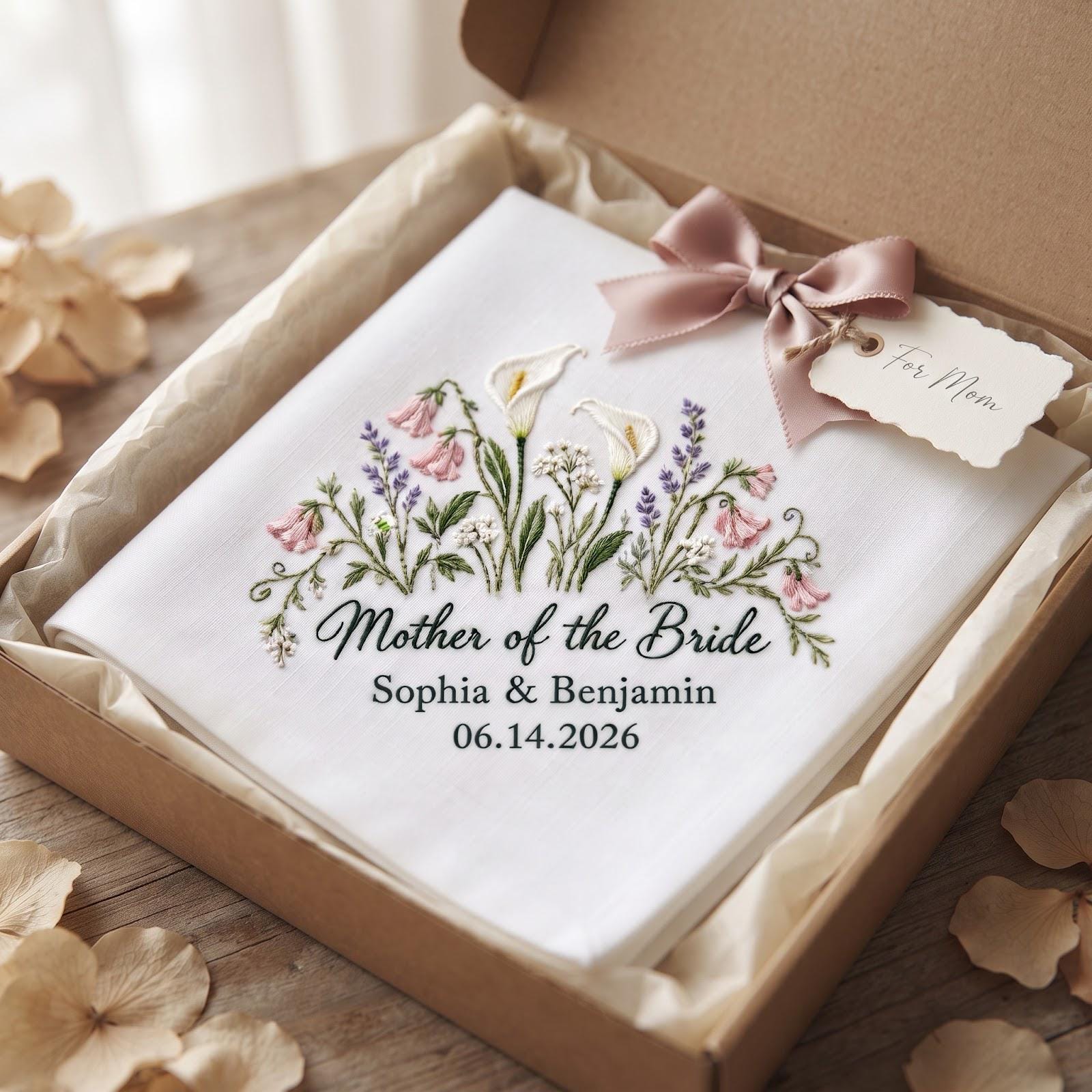Personalized Mother of the Bride Handkerchief – Calla Lily Embroidered Wedding Hanky with Custom Couple Names Date Mom Keepsake - photo 7