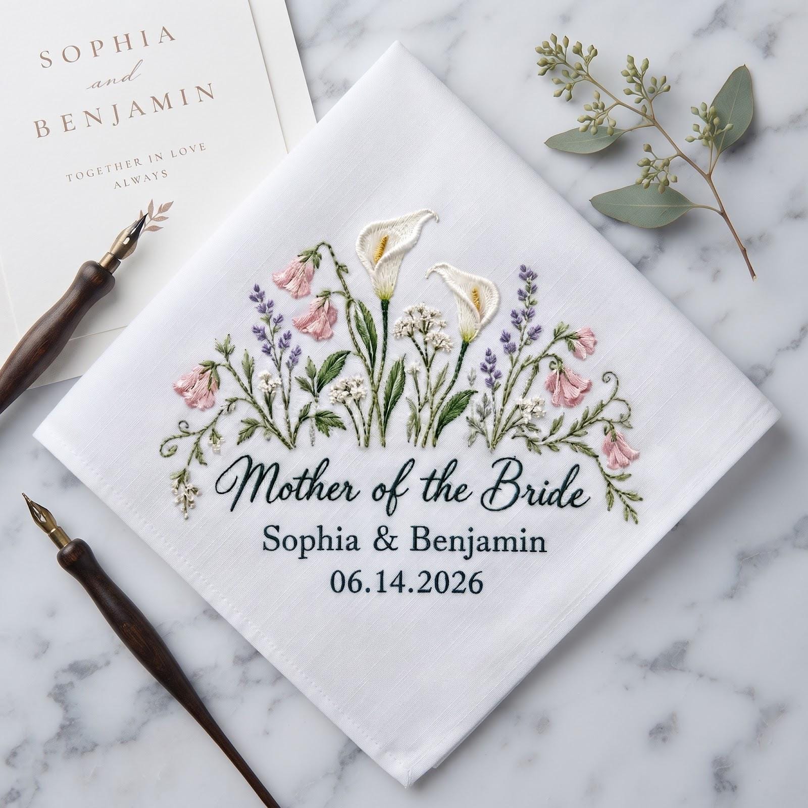Personalized Mother of the Bride Handkerchief – Calla Lily Embroidered Wedding Hanky with Custom Couple Names Date Mom Keepsake - photo 8