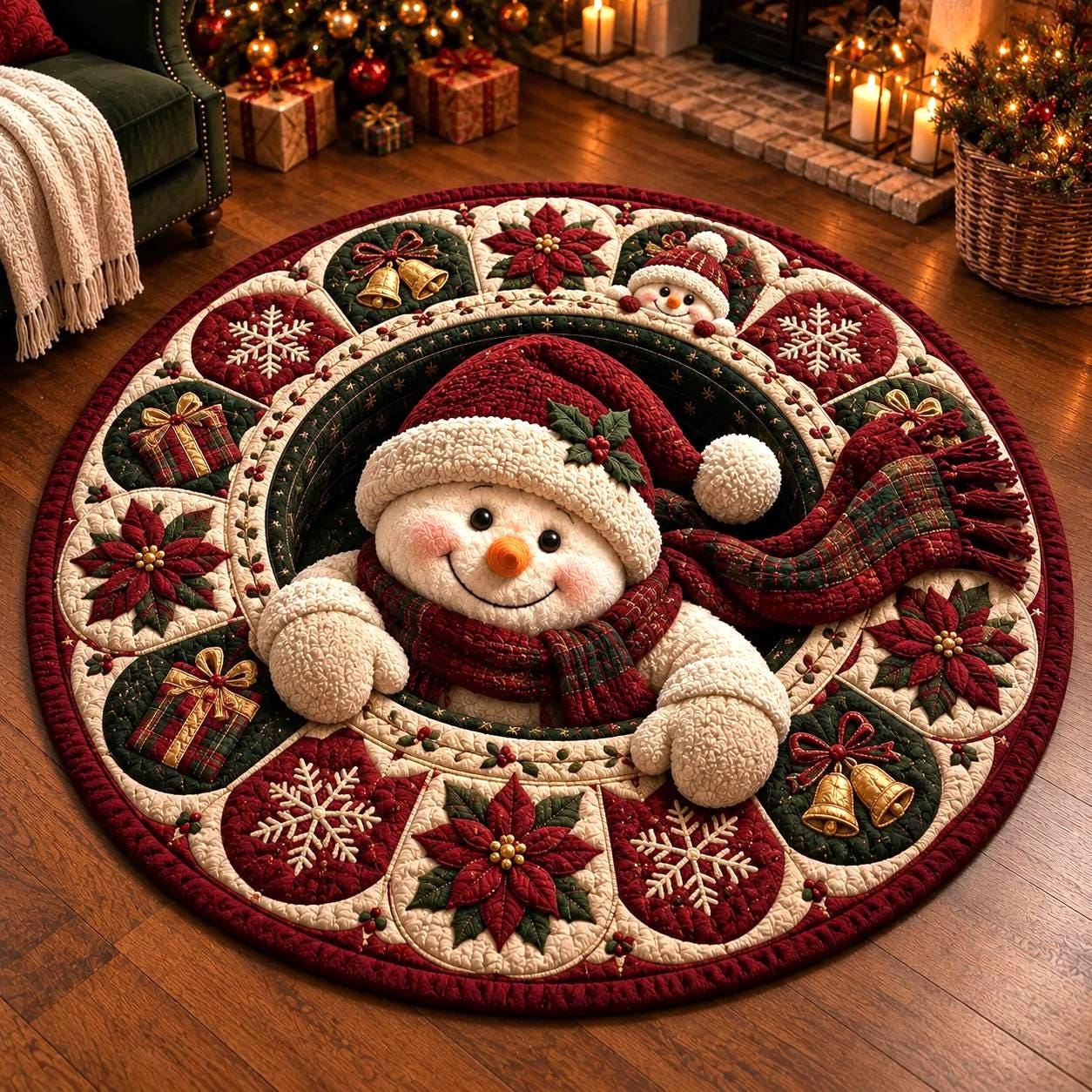 Snowman Christmas Round Rug – 3D Illusion Quilted Floor Mat with Poinsettia Holiday Winter Home Decor