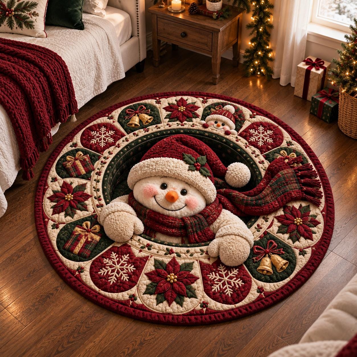 Snowman Christmas Round Rug – 3D Illusion Quilted Floor Mat with Poinsettia Holiday Winter Home Decor - photo 3