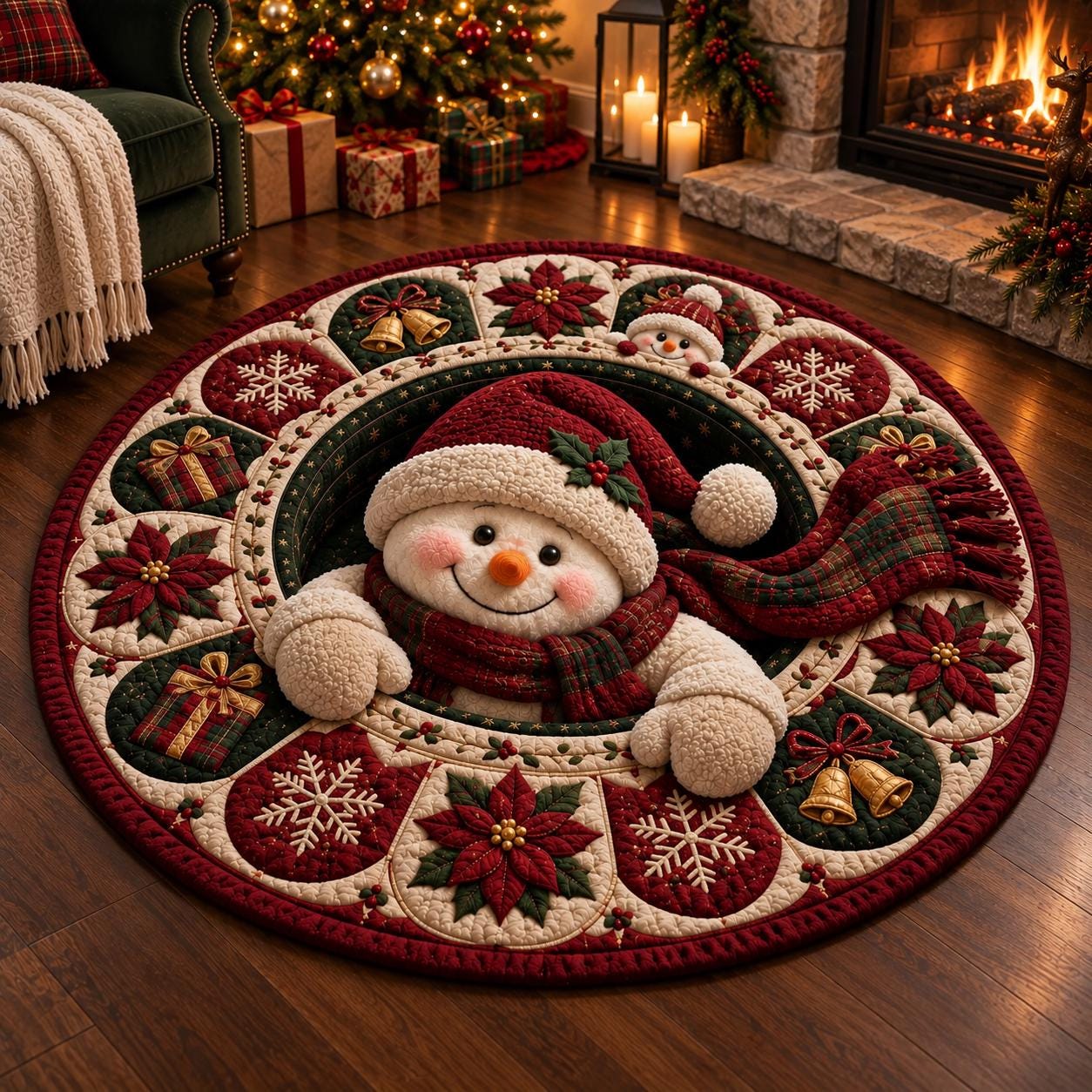 Snowman Christmas Round Rug – 3D Illusion Quilted Floor Mat with Poinsettia Holiday Winter Home Decor - photo 4
