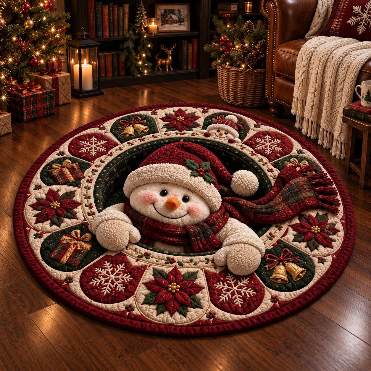 Snowman Christmas Round Rug – 3D Illusion Quilted Floor Mat with Poinsettia Holiday Winter Home Decor - photo 5