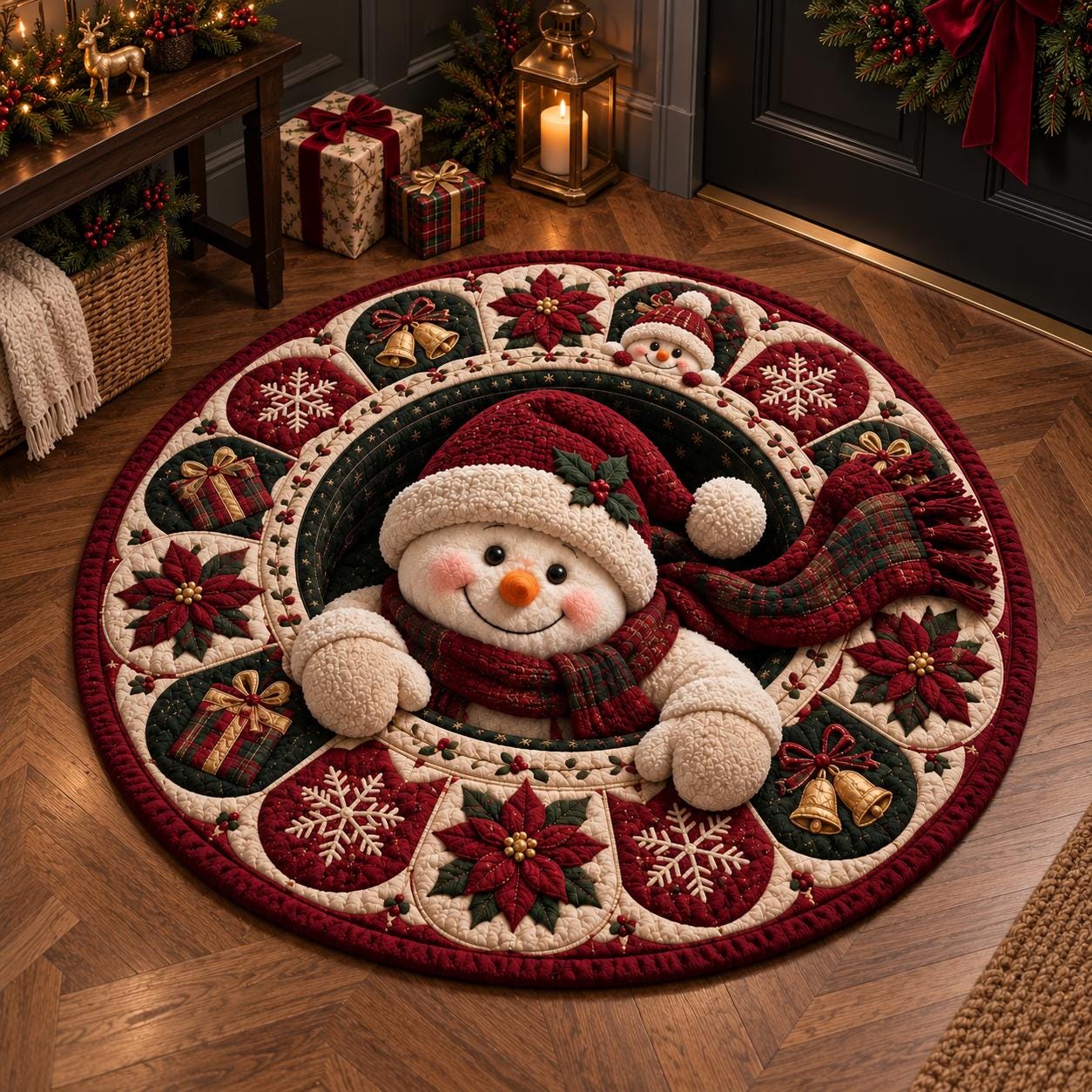 Snowman Christmas Round Rug – 3D Illusion Quilted Floor Mat with Poinsettia Holiday Winter Home Decor - photo 6