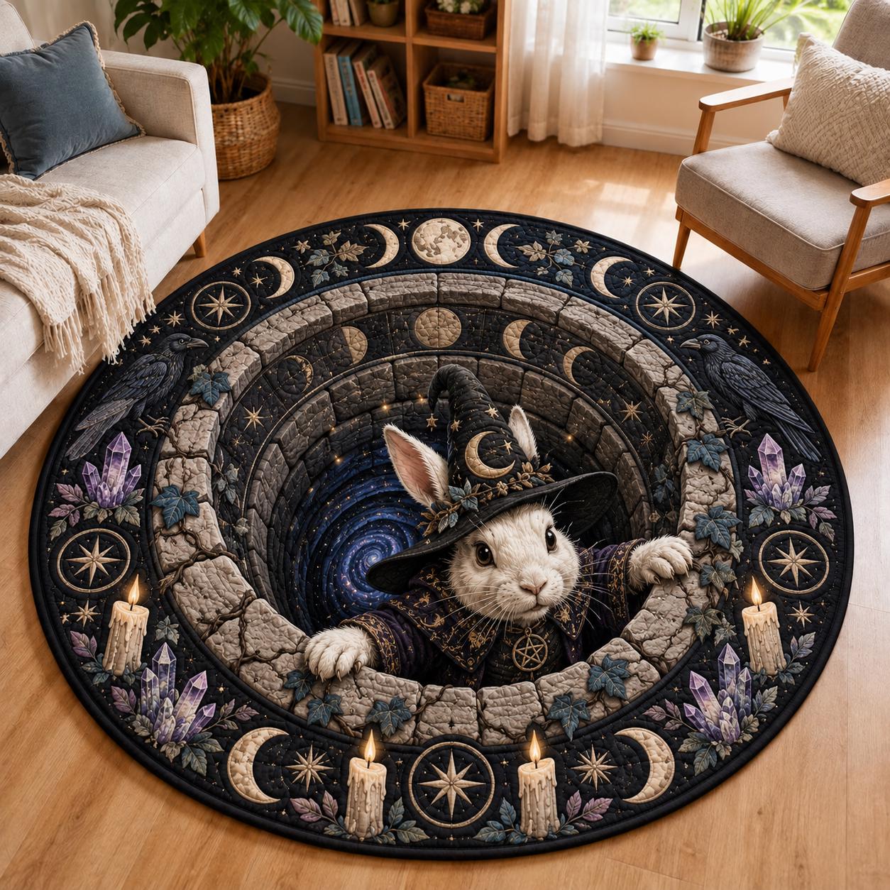 Quilted Round Rug with 3D Illusion Witch Bunny and Celestial Rabbit – Gothic Witchy Bunnies Halloween Home Decor Floor Mat