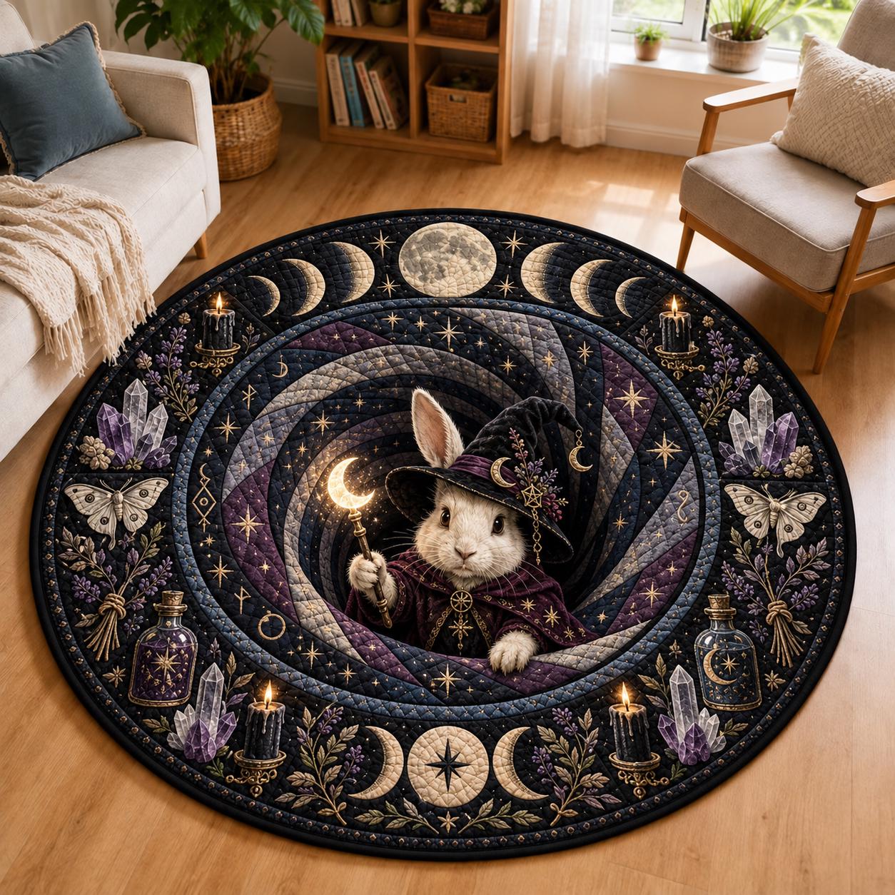 Quilted Round Rug with 3D Illusion Witch Bunny and Celestial Rabbit – Gothic Witchy Bunnies Halloween Home Decor Floor Mat - photo 2