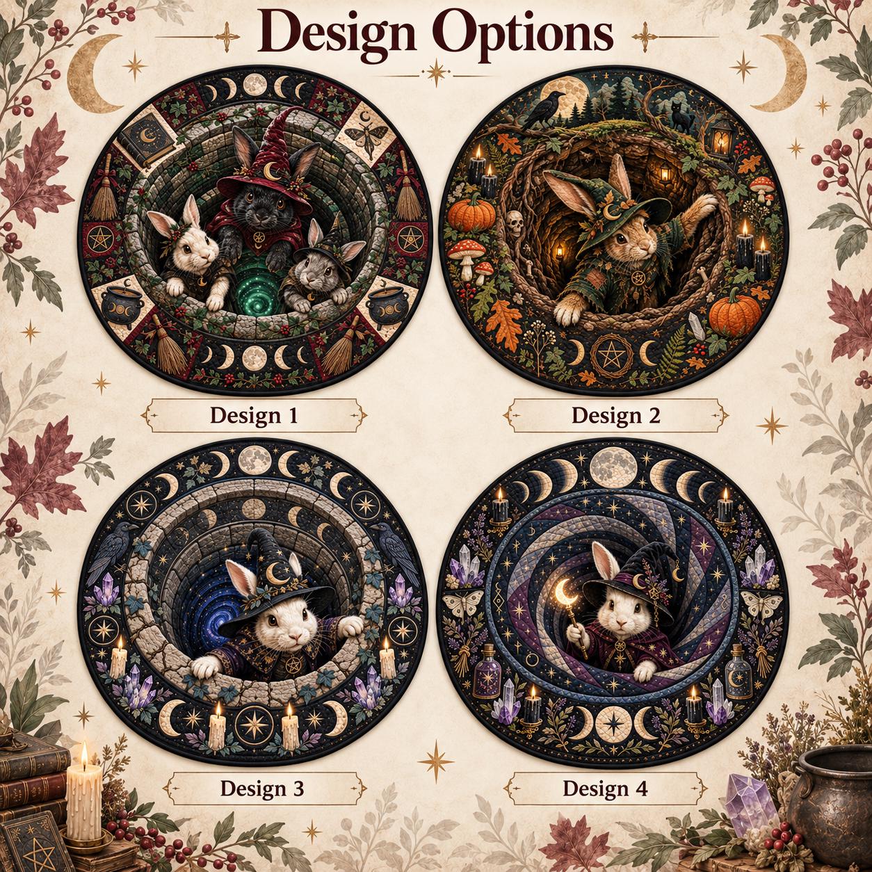 Quilted Round Rug with 3D Illusion Witch Bunny and Celestial Rabbit – Gothic Witchy Bunnies Halloween Home Decor Floor Mat - photo 3